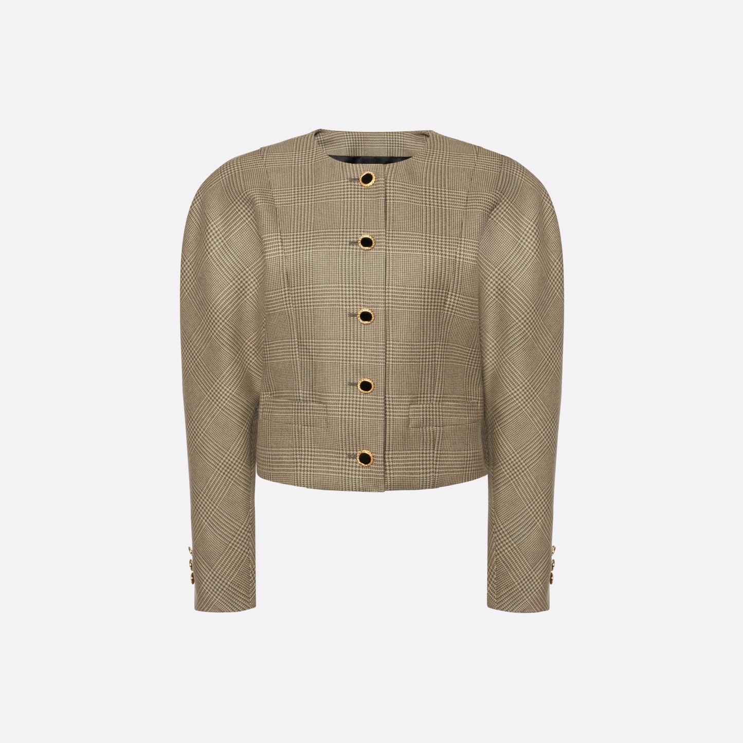 Green and beige Prince of Wales wool jacket cut in a cropped silhouette with a fitted waist. Finished with black and gold-tone buttons and welt pockets.