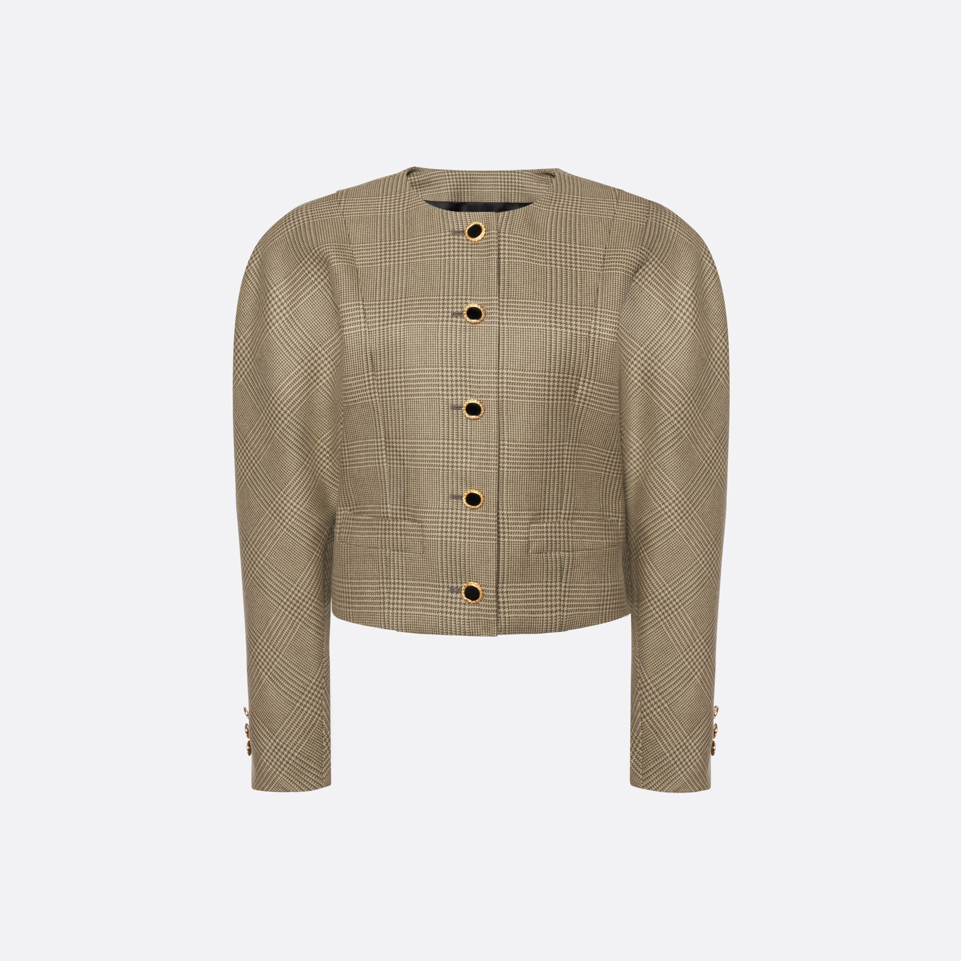 Green and beige Prince of Wales wool jacket cut in a cropped silhouette with a fitted waist. Finished with black and gold-tone buttons and welt pockets.