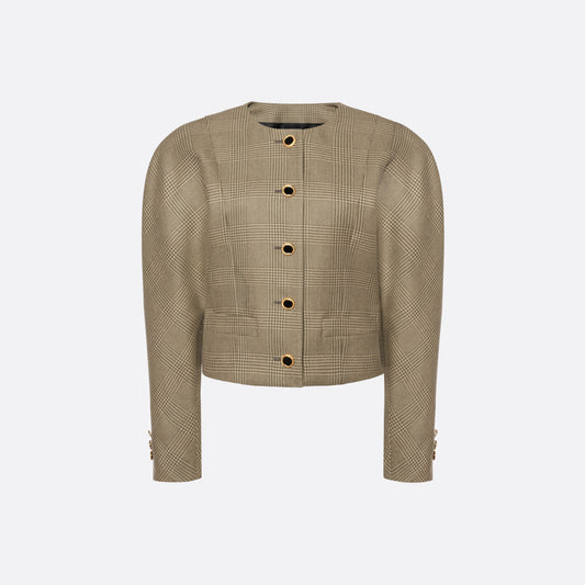 Green and beige Prince of Wales wool jacket cut in a cropped silhouette with a fitted waist. Finished with black and gold-tone buttons and welt pockets.