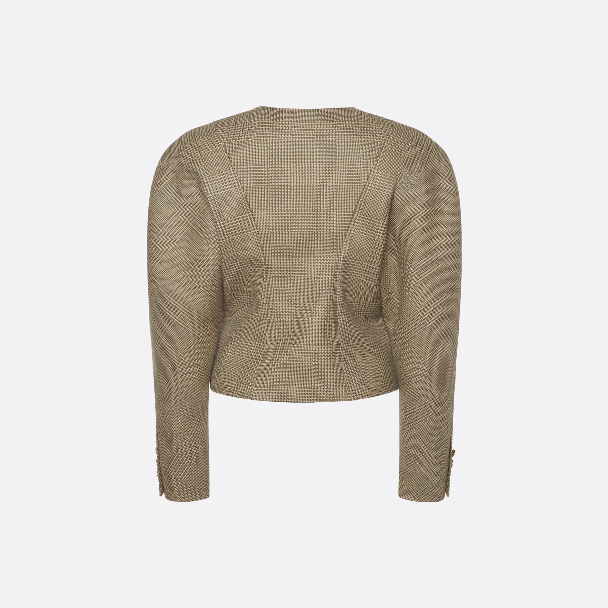 Green and beige Prince of Wales wool jacket cut in a cropped silhouette with a fitted waist. Finished with black and gold-tone buttons and welt pockets.