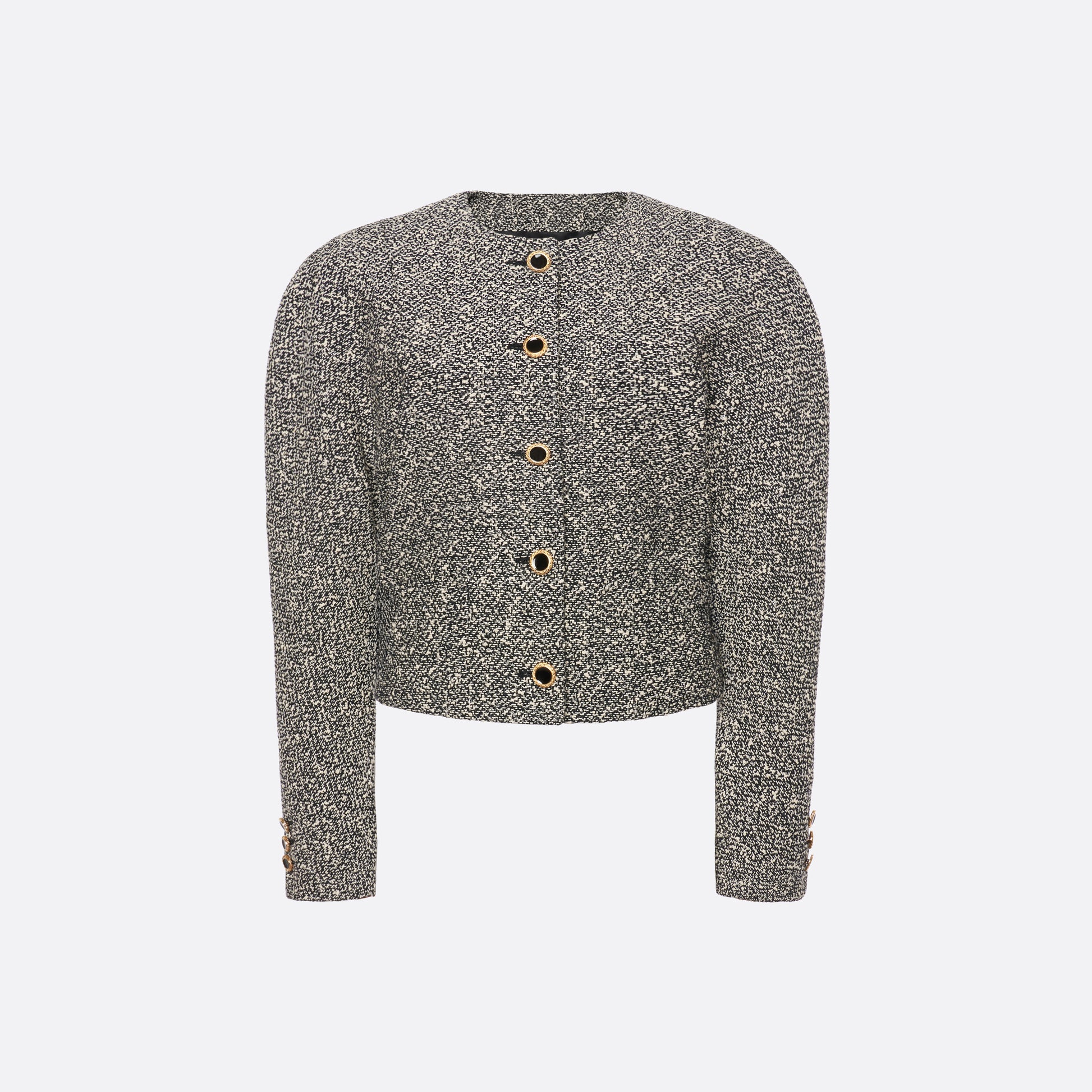 Black and white melange sequin tweed jacket cut in a cropped, boxy silhouette with defined shoulders and finished with black and gold-tone buttons.