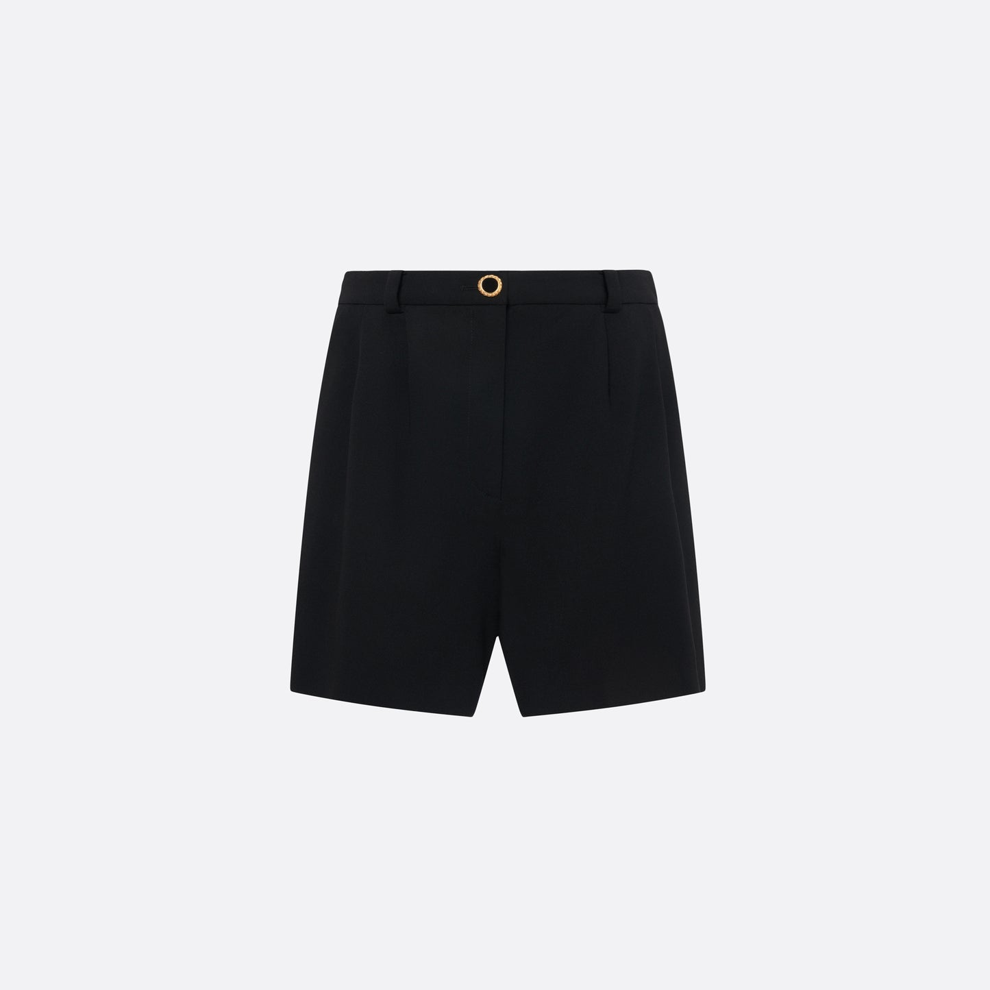 Black wool crêpe bermuda shorts tailored with a high waist and pleats. Finished with pockets and a black and gold-tone button.