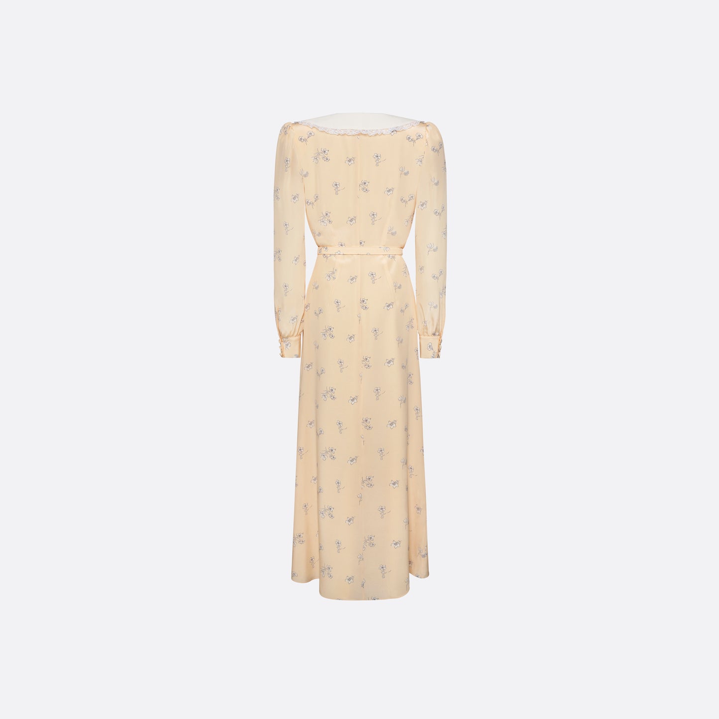 Pale yellow floral print silk crêpe de chine double-breasted midi dress with long sleeves, featuring a white lace-trimmed collar and belt.