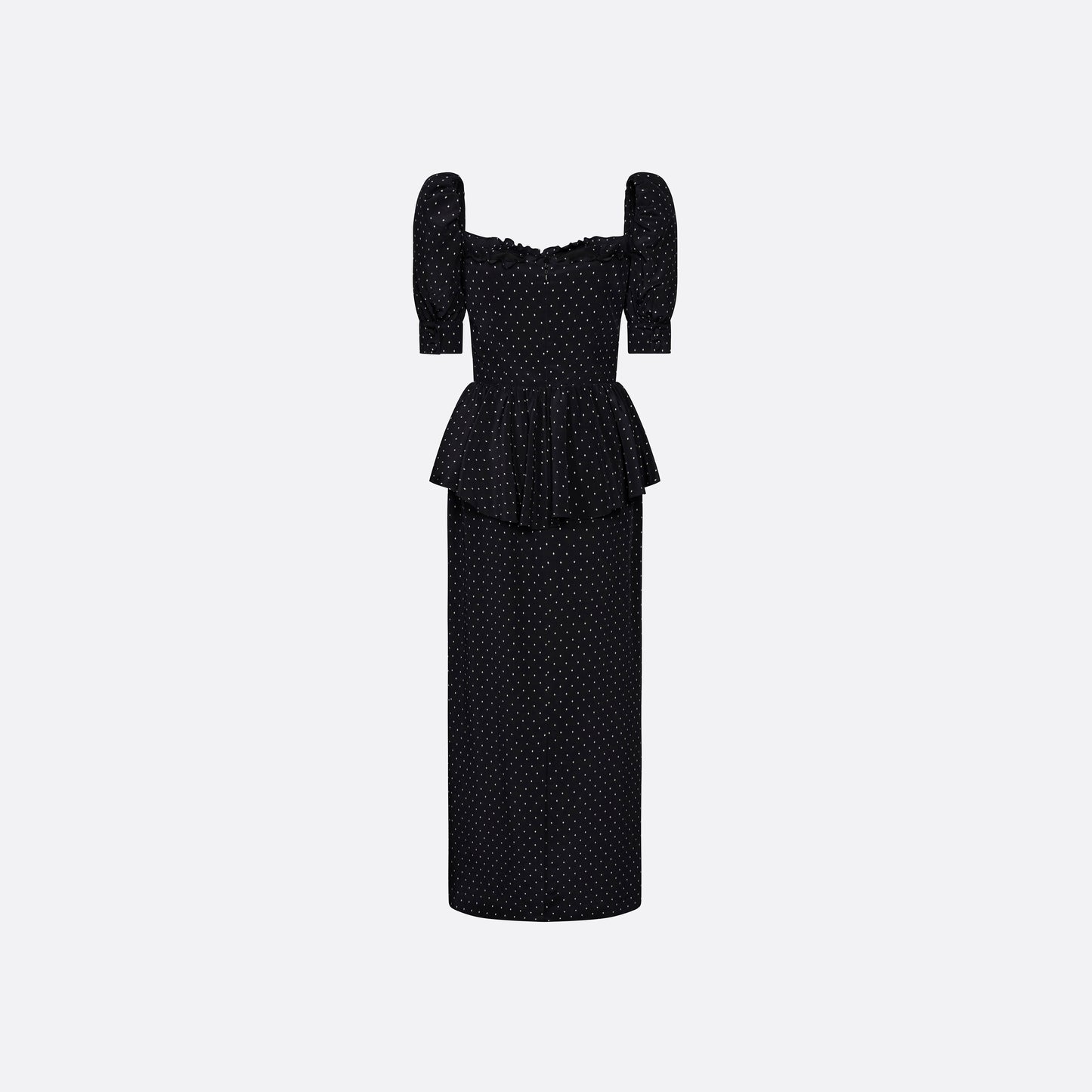 Ivory diamond print on black silk crêpe de chine midi dress with puff sleeves and pencil skirt, featuring a peplum waist and a bow.
