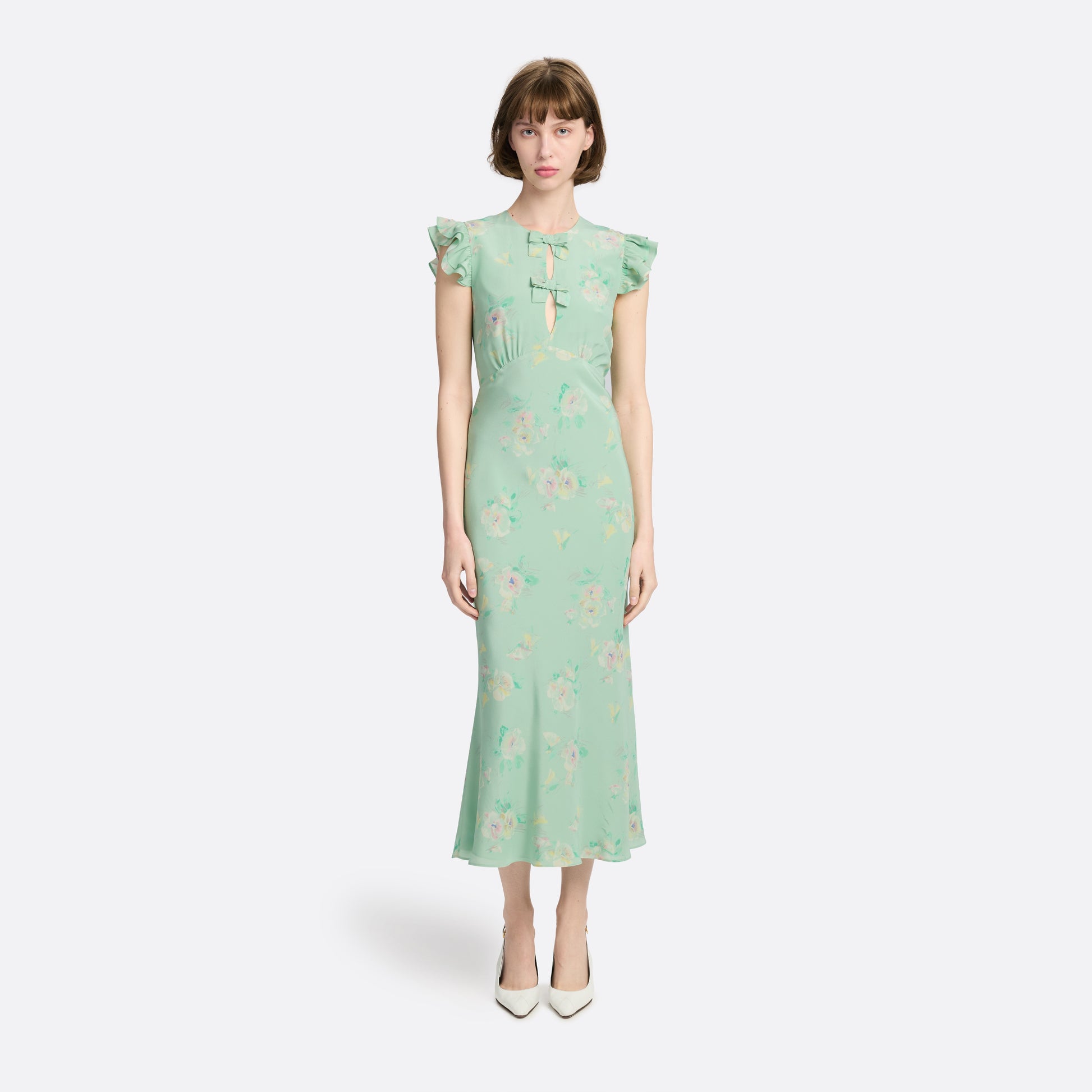 Silk midi dress with ruffled sleeves