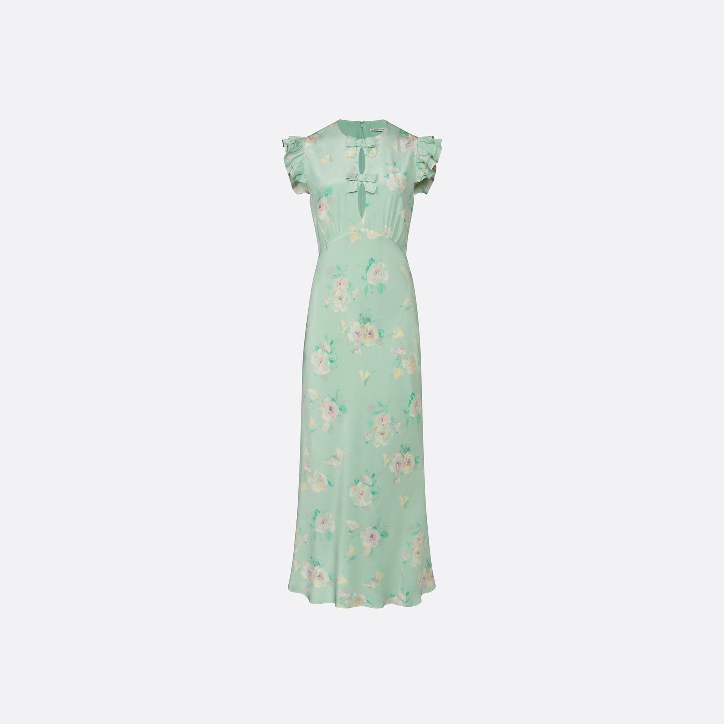 Light green floral print silk crêpe de chine sleeveless midi dress with bows, featuring keyhole cut-out and ruffled details.