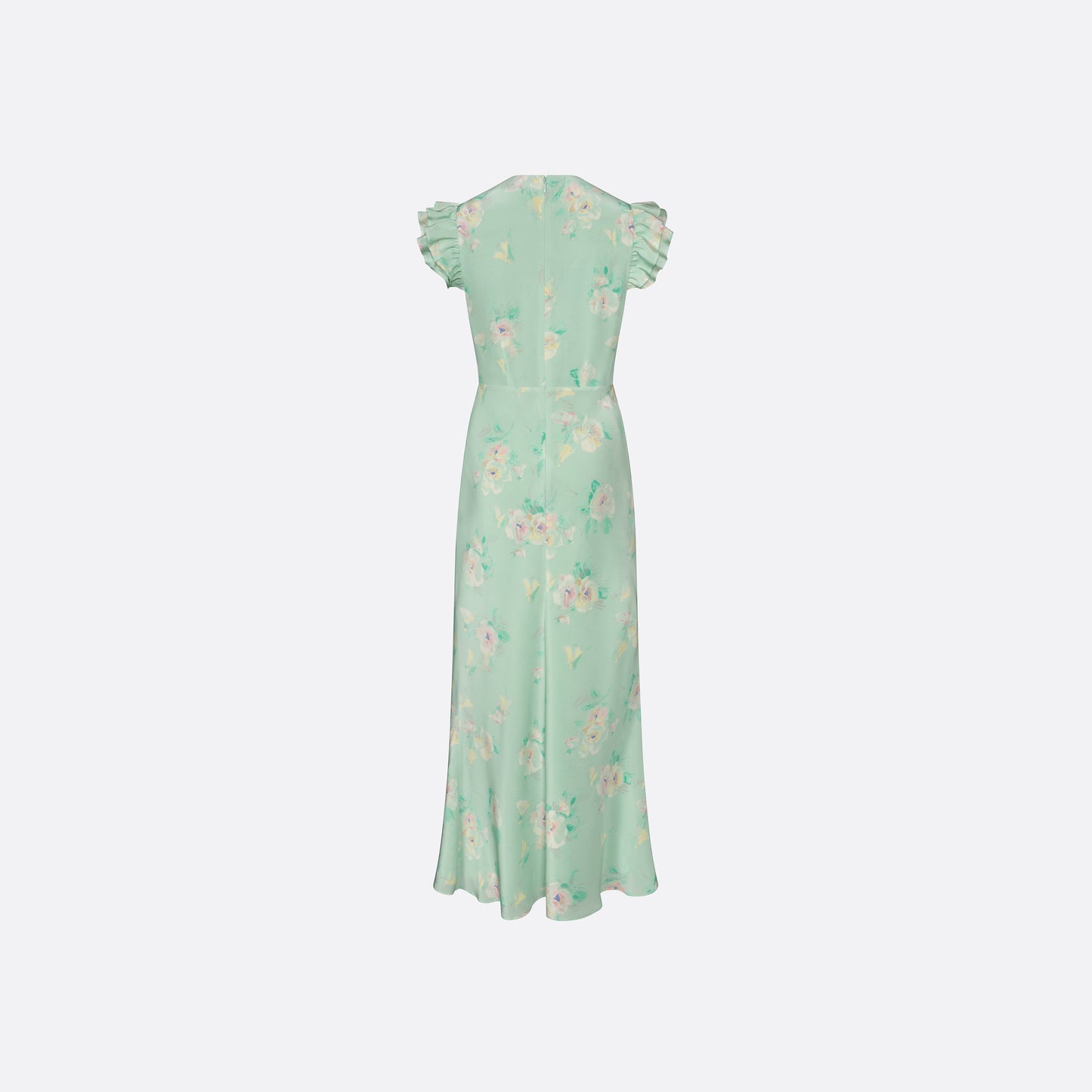 Light green floral print silk crêpe de chine sleeveless midi dress with bows, featuring keyhole cut-out and ruffled details.