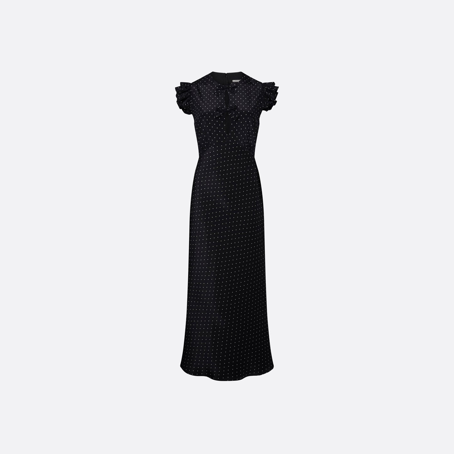 Ivory diamond print on black silk crêpe de chine sleeveless midi dress with bows, featuring keyhole cut-out and ruffled details.