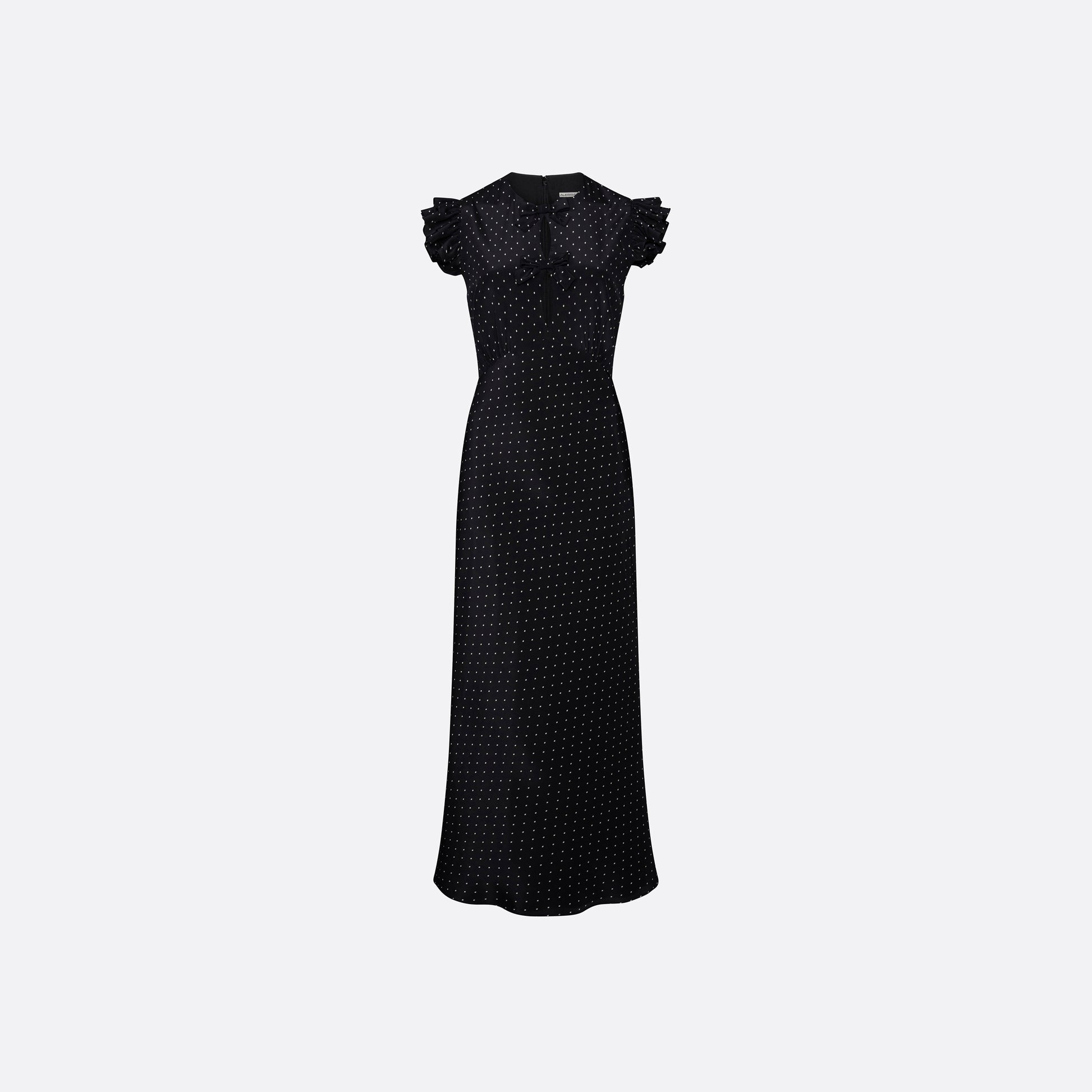 Ivory diamond print on black silk crêpe de chine sleeveless midi dress with bows, featuring keyhole cut-out and ruffled details.