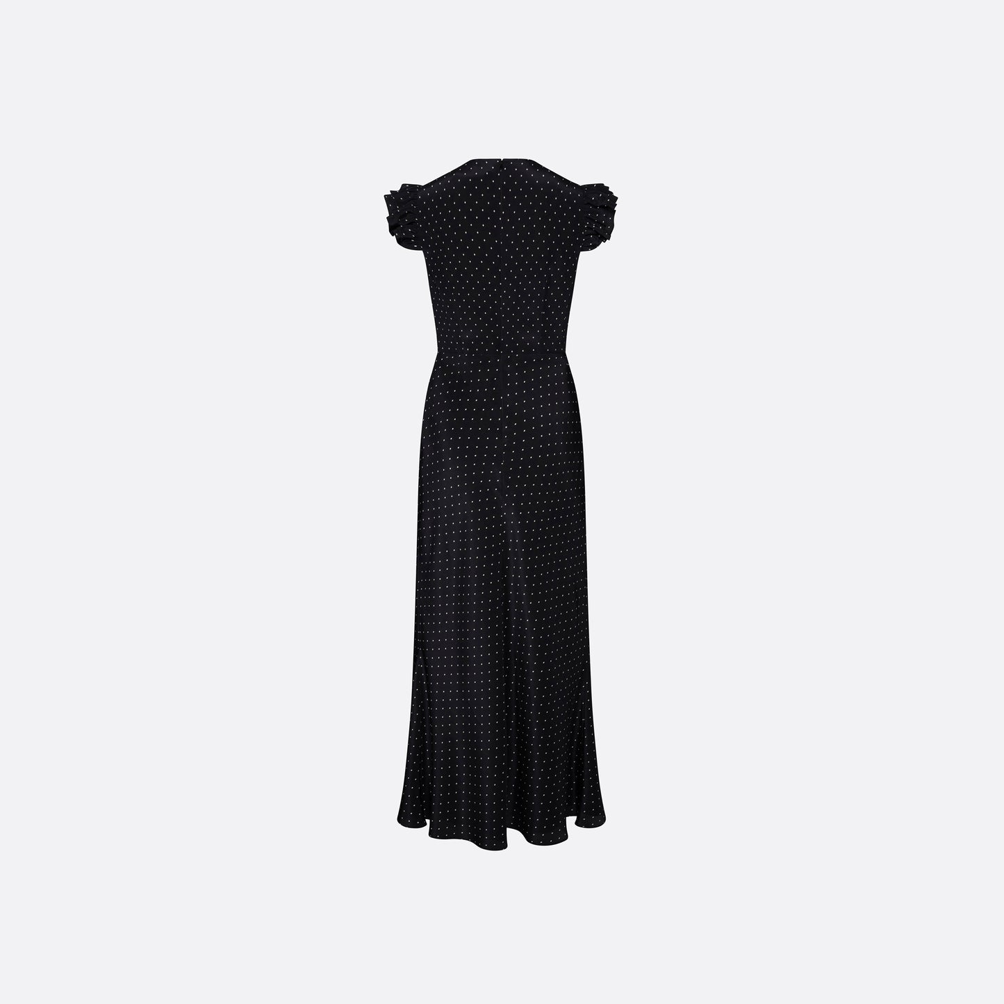 Ivory diamond print on black silk crêpe de chine sleeveless midi dress with bows, featuring keyhole cut-out and ruffled details.