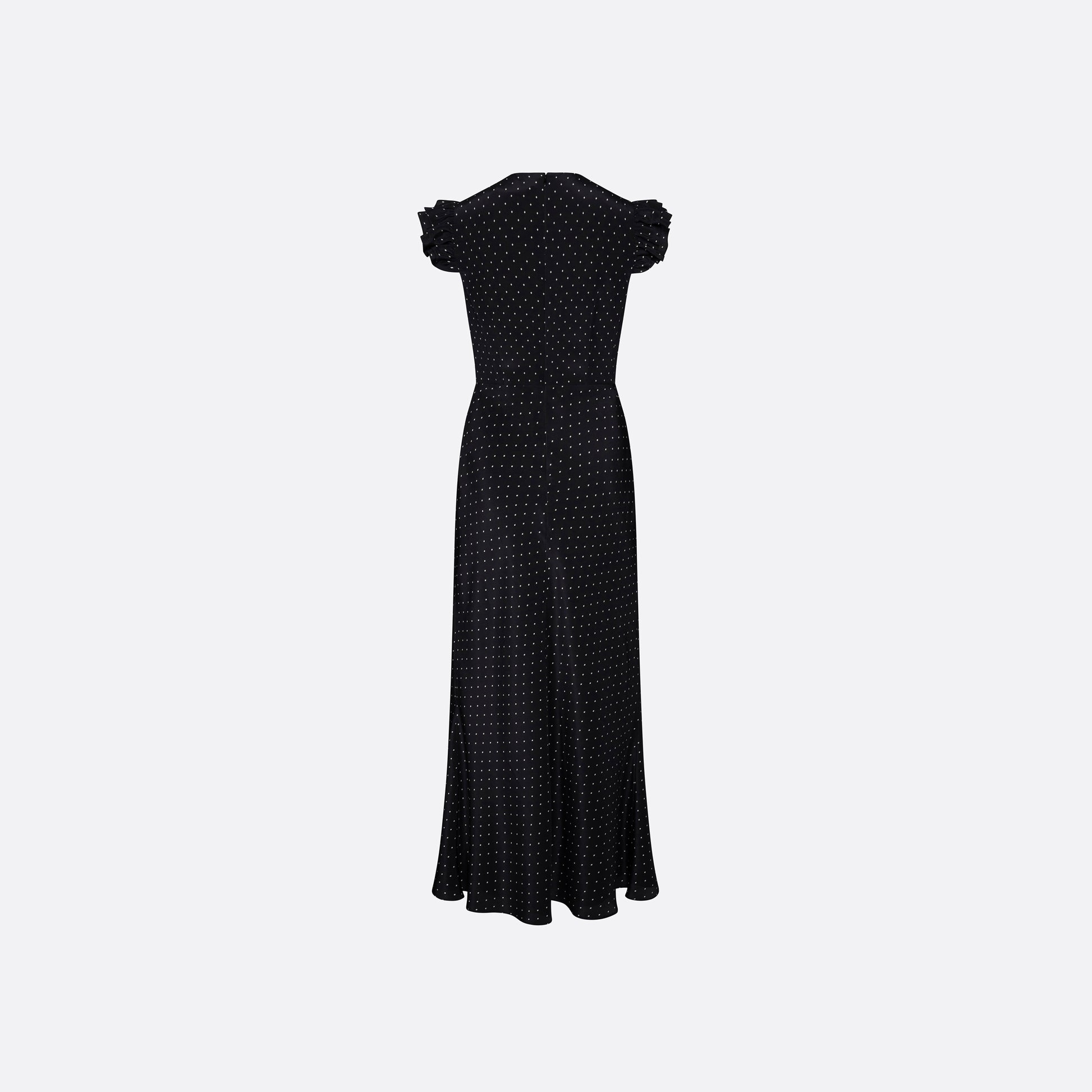 Ivory diamond print on black silk crêpe de chine sleeveless midi dress with bows, featuring keyhole cut-out and ruffled details.