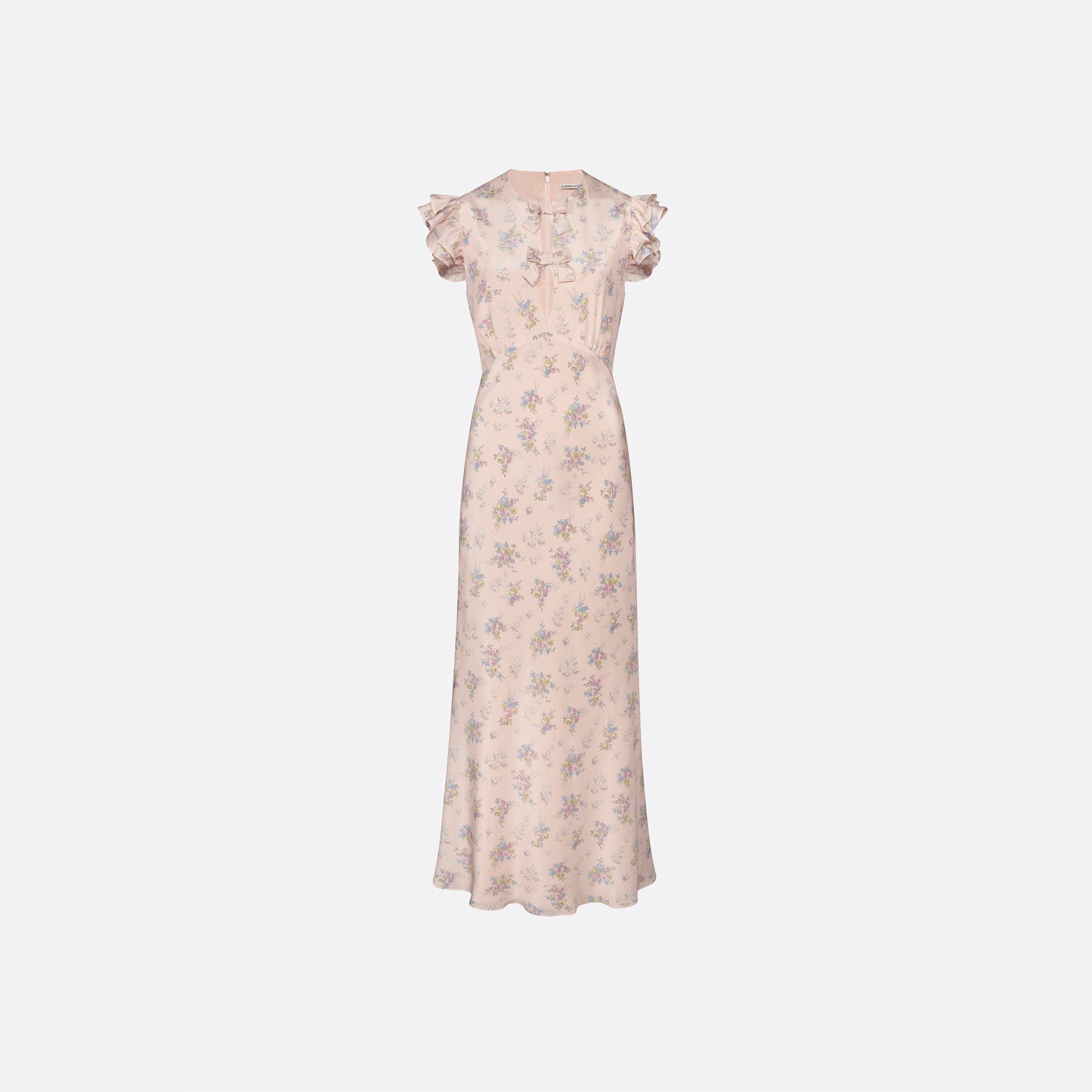 Light rose floral print silk crêpe de chine sleeveless midi dress with bows, featuring keyhole cut-out and ruffled details.