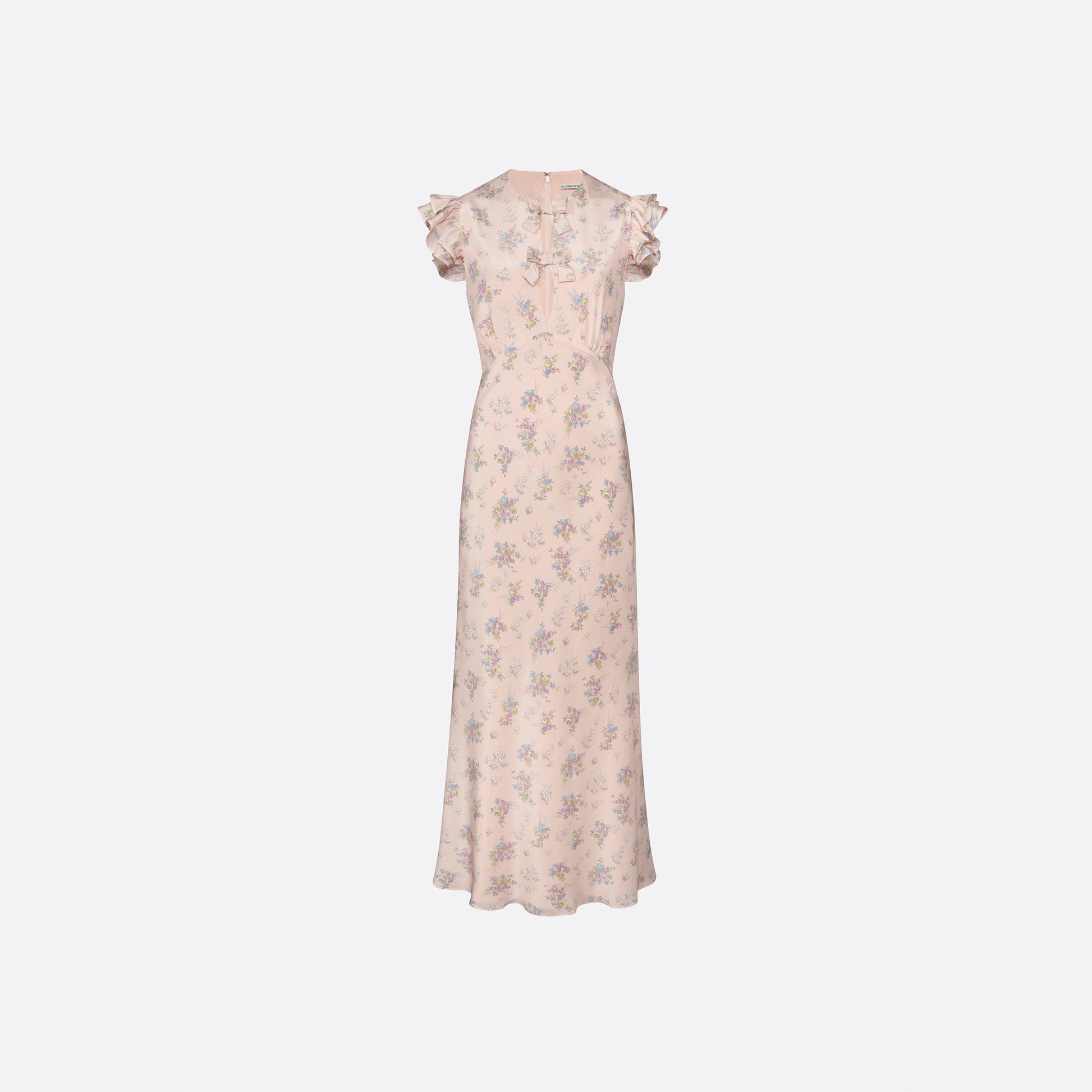 Light rose floral print silk crêpe de chine sleeveless midi dress with bows, featuring keyhole cut-out and ruffled details.