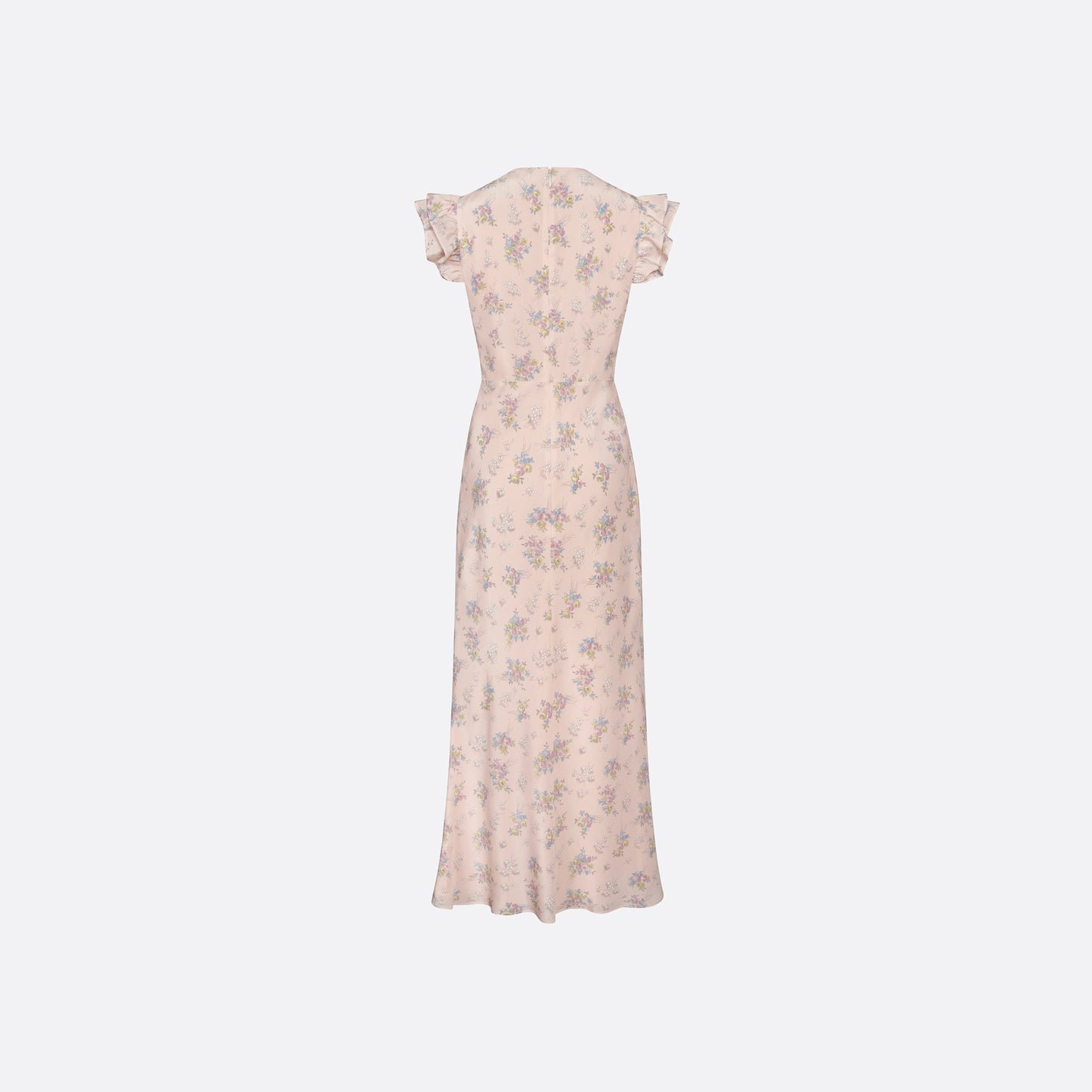 Light rose floral print silk crêpe de chine sleeveless midi dress with bows, featuring keyhole cut-out and ruffled details.