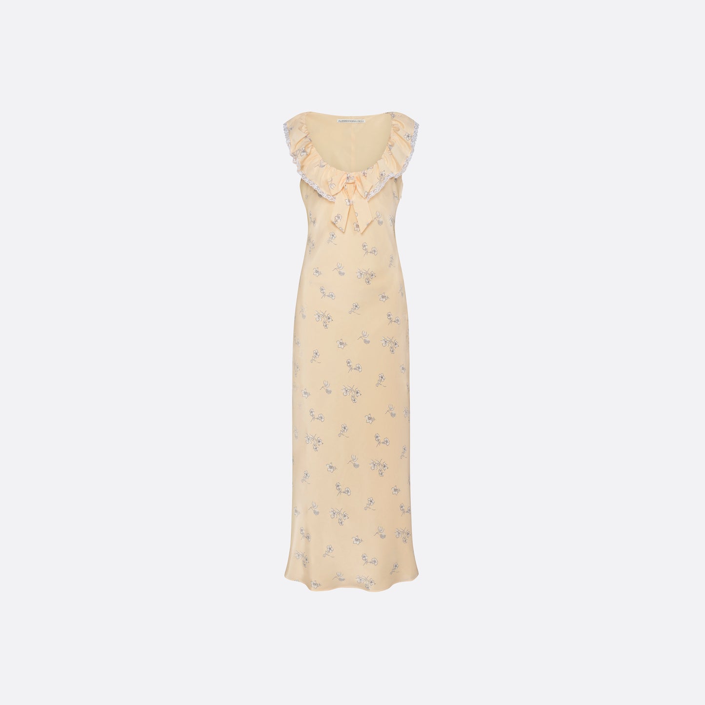 Pale yellow floral print silk crêpe de chine slip midi dress with a scoop neckline, featuring ruffles, lace trim, and a bow.