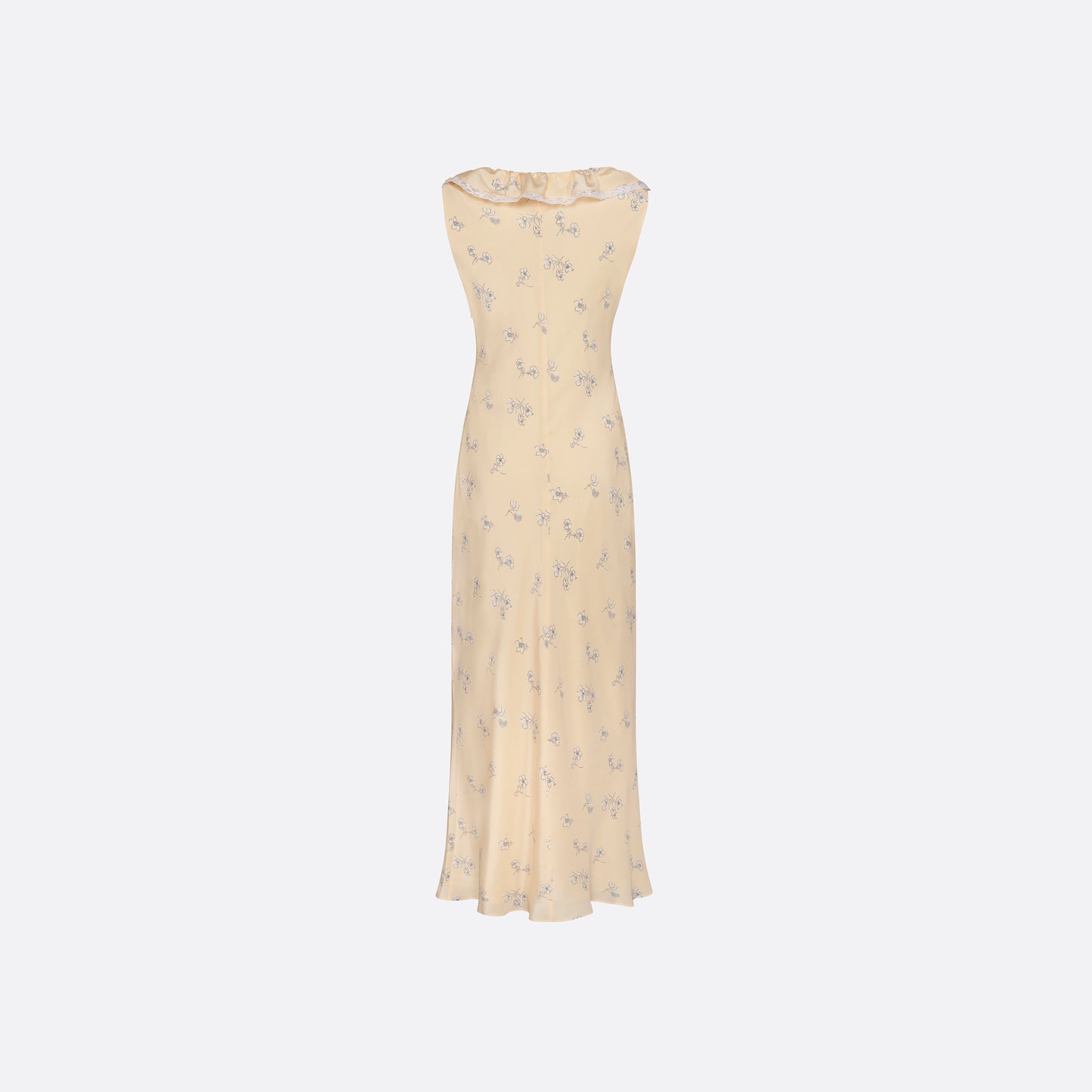 Pale yellow floral print silk crêpe de chine slip midi dress with a scoop neckline, featuring ruffles, lace trim, and a bow.