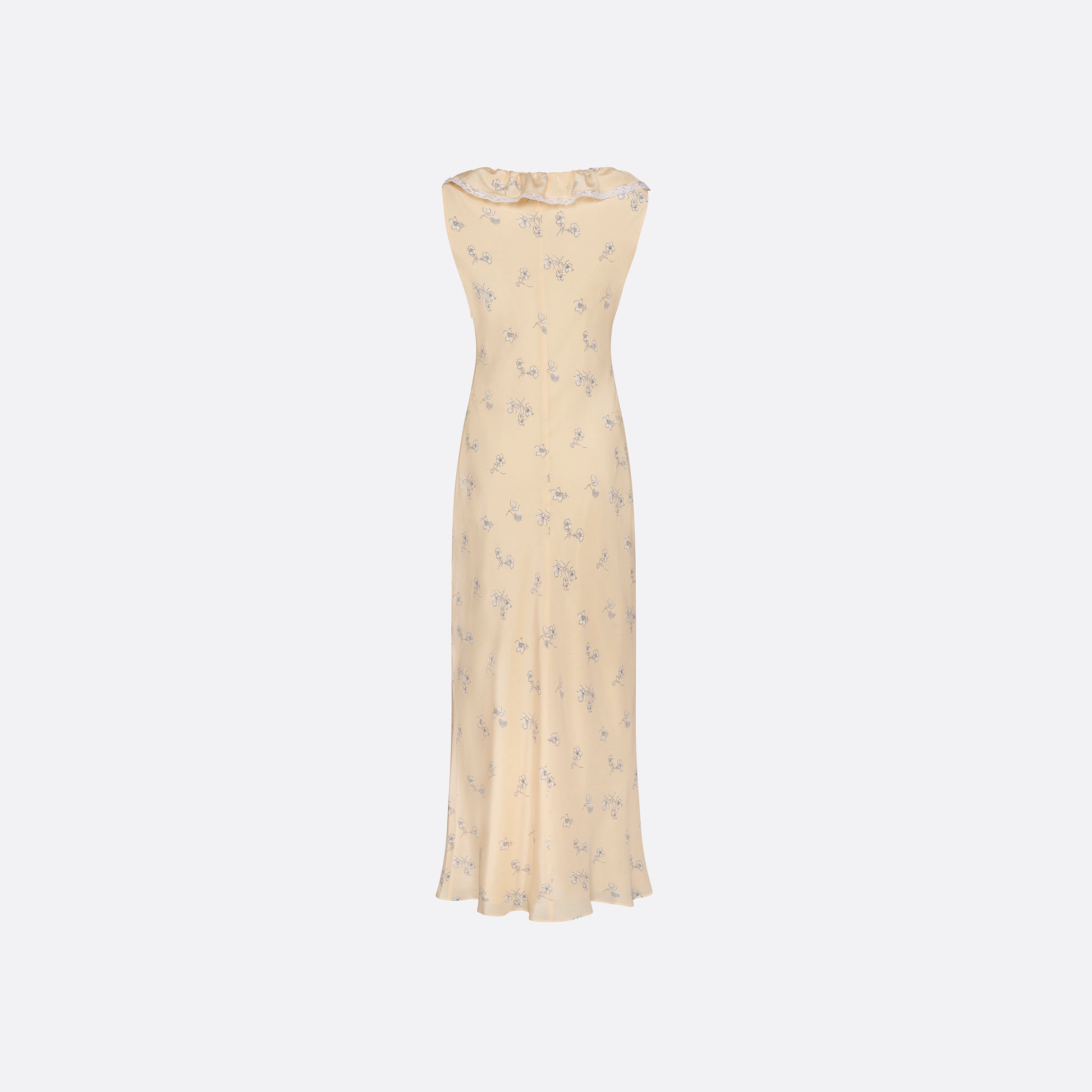 Pale yellow floral print silk crêpe de chine slip midi dress with a scoop neckline, featuring ruffles, lace trim, and a bow.