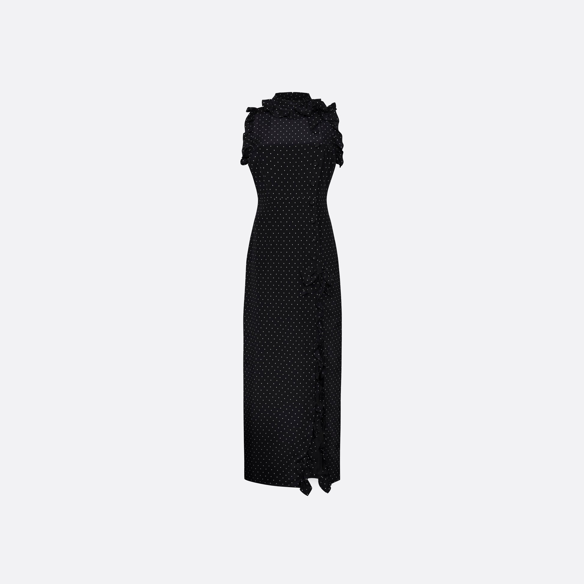 Ivory diamond print on black silk crêpe de chine sleeveless midi dress with a high ruffled neckline, featuring button detail, side split and bow.