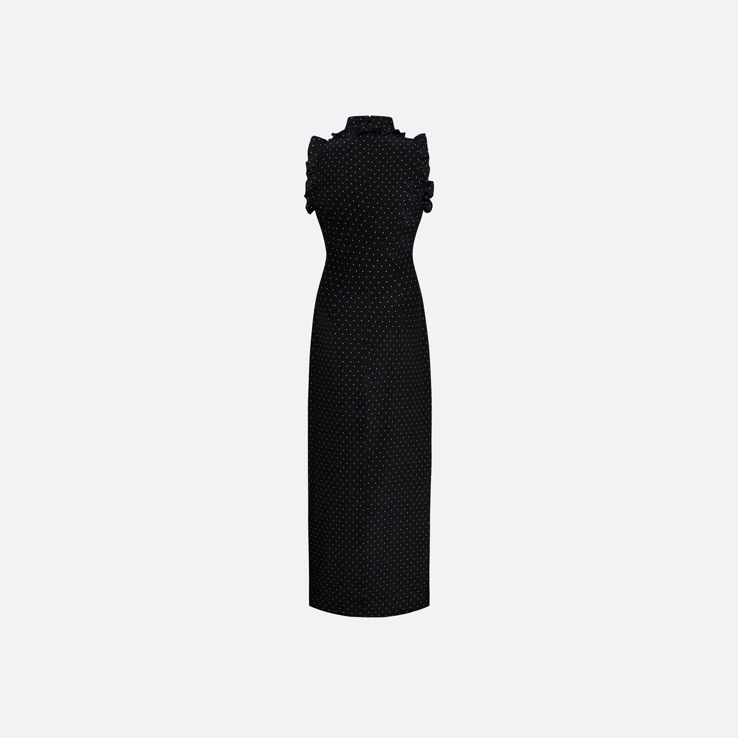 Ivory diamond print on black silk crêpe de chine sleeveless midi dress with a high ruffled neckline, featuring button detail, side split and bow.