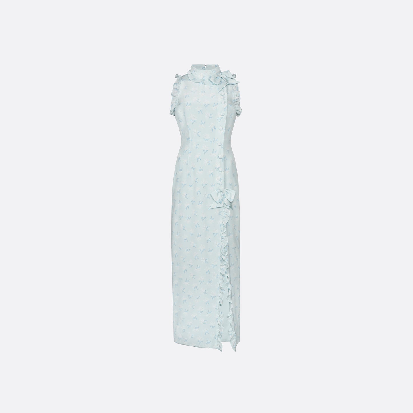 Pale blue floral print silk crêpe de chine sleeveless midi dress with a high ruffled neckline, featuring button detail, side split and bow.