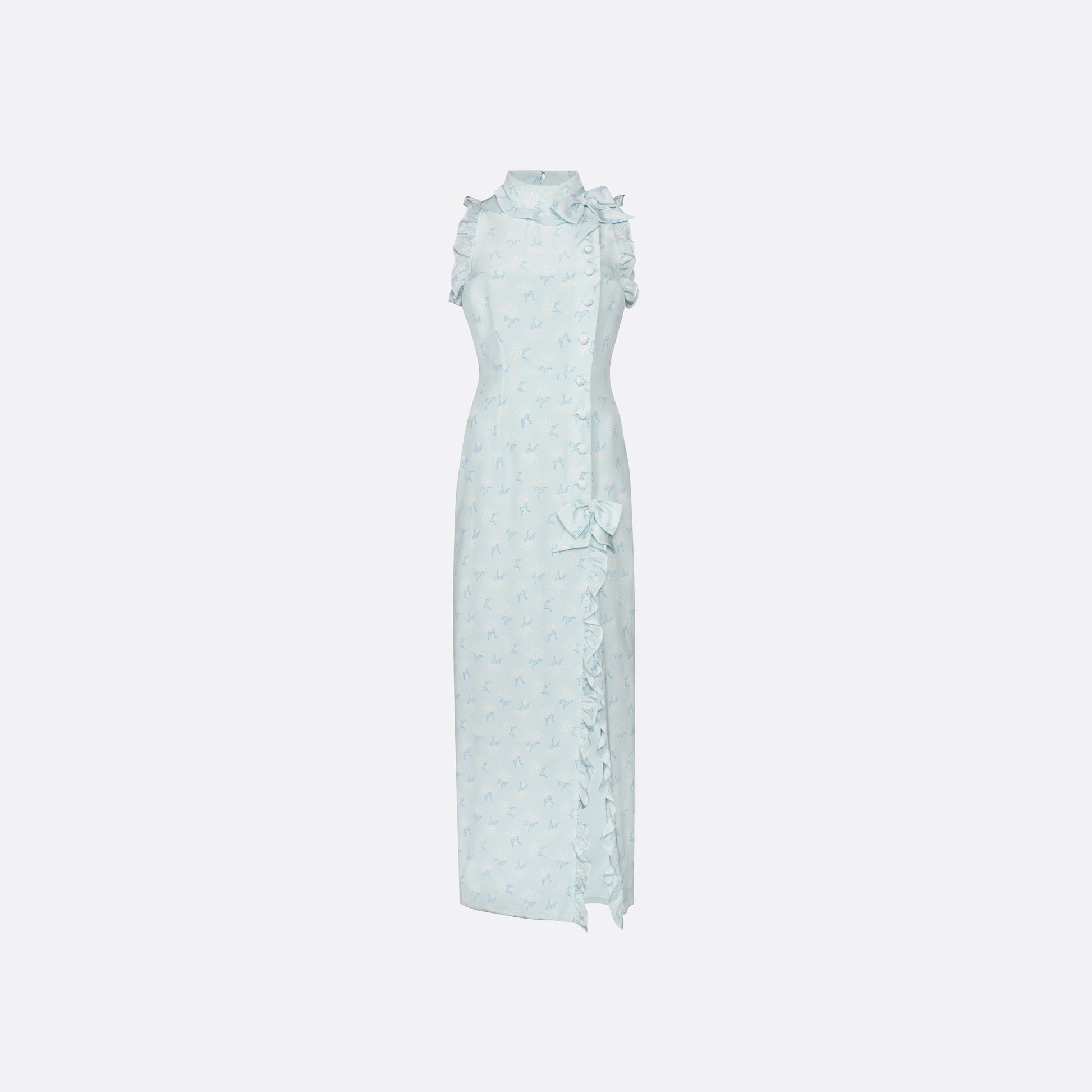 Pale blue floral print silk crêpe de chine sleeveless midi dress with a high ruffled neckline, featuring button detail, side split and bow.