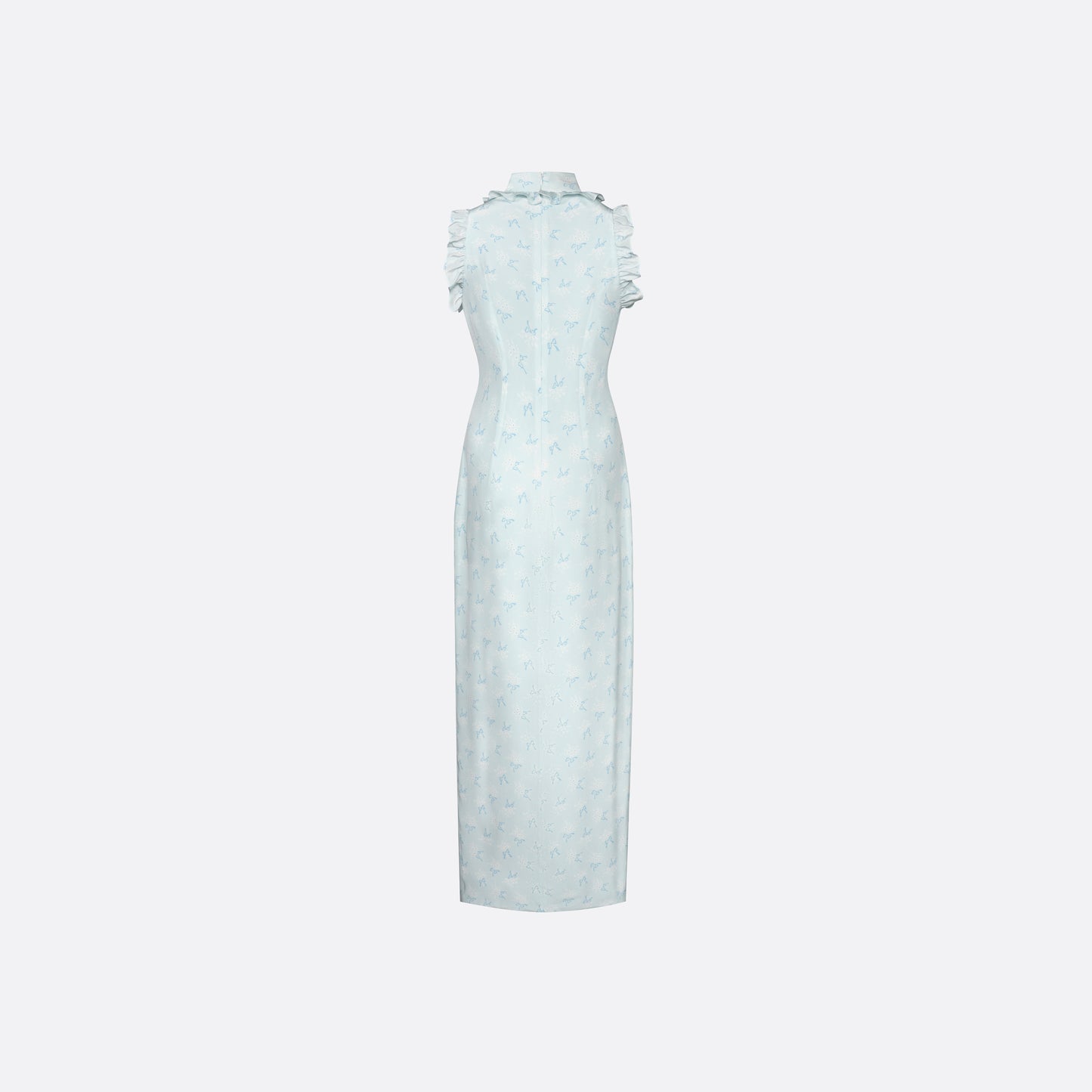 Pale blue floral print silk crêpe de chine sleeveless midi dress with a high ruffled neckline, featuring button detail, side split and bow.