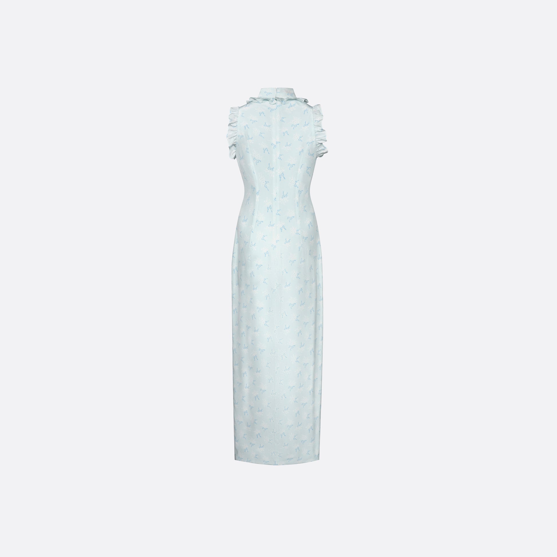 Pale blue floral print silk crêpe de chine sleeveless midi dress with a high ruffled neckline, featuring button detail, side split and bow.
