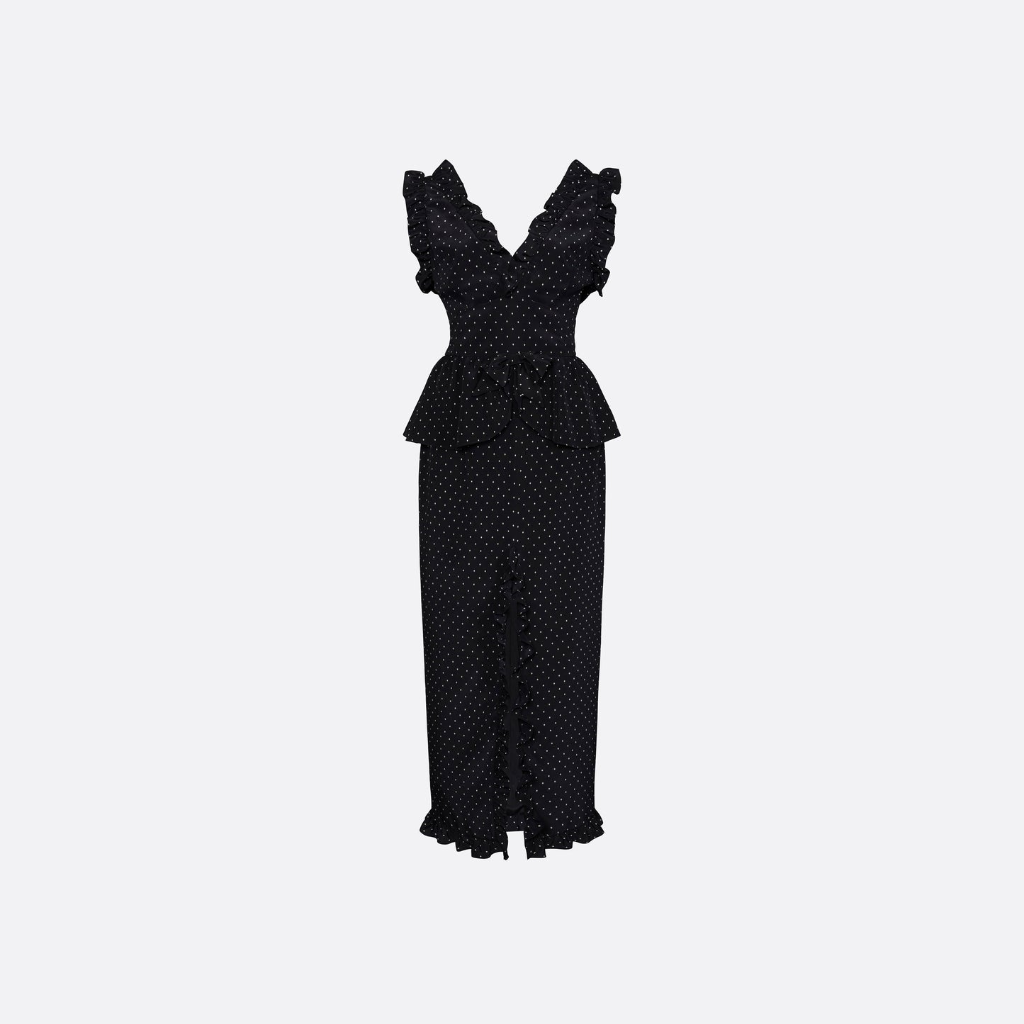 Ivory diamond print on black silk crêpe de chine midi dress with a deep V neckline and ruffled trims, featuring a peplum waist, front split and bow.