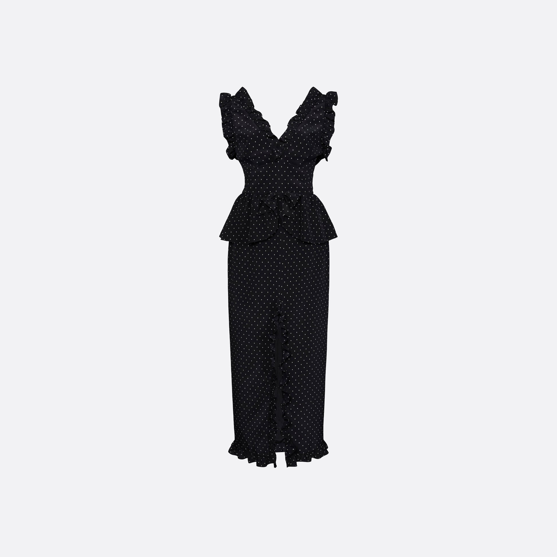 Ivory diamond print on black silk crêpe de chine midi dress with a deep V neckline and ruffled trims, featuring a peplum waist, front split and bow.