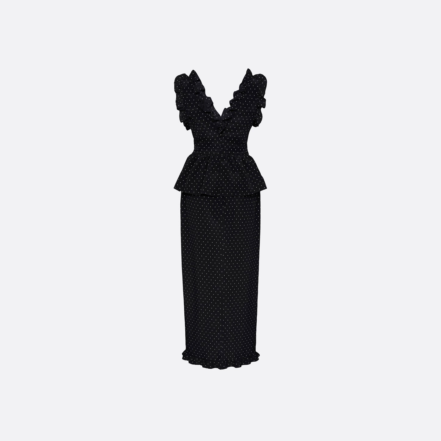 Ivory diamond print on black silk crêpe de chine midi dress with a deep V neckline and ruffled trims, featuring a peplum waist, front split and bow.