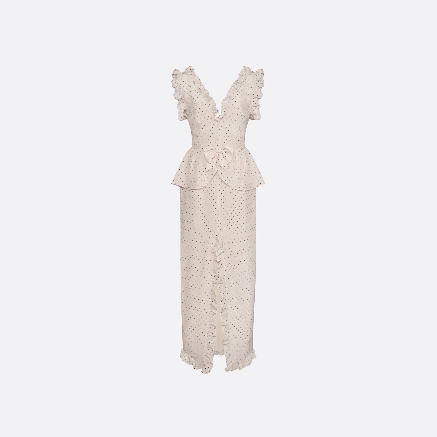 Brown diamond print on almond silk crêpe de chine midi dress with a deep V neckline and ruffled trims, featuring a peplum waist, front split and bow.