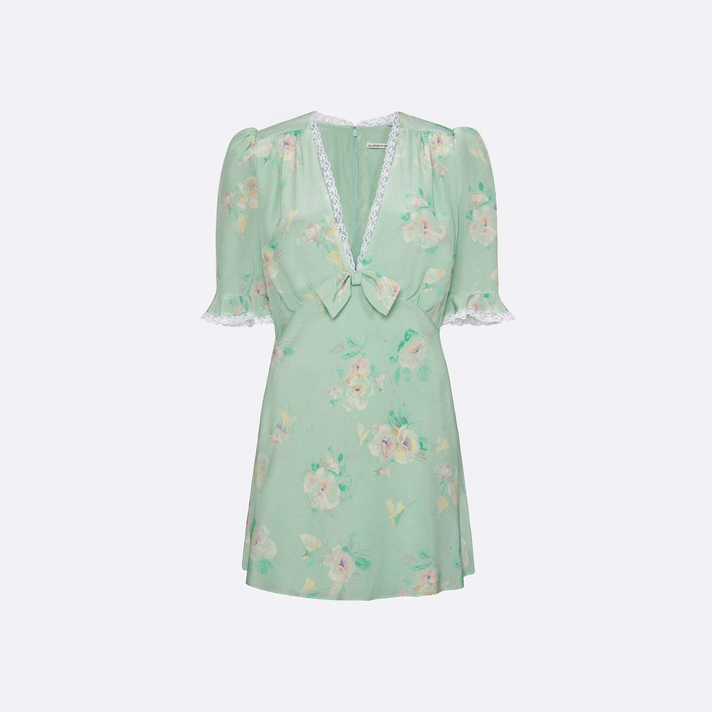 Light green floral print silk crêpe de chine mini dress with a V neckline and short sleeves, featuring lace trims and a bow.
