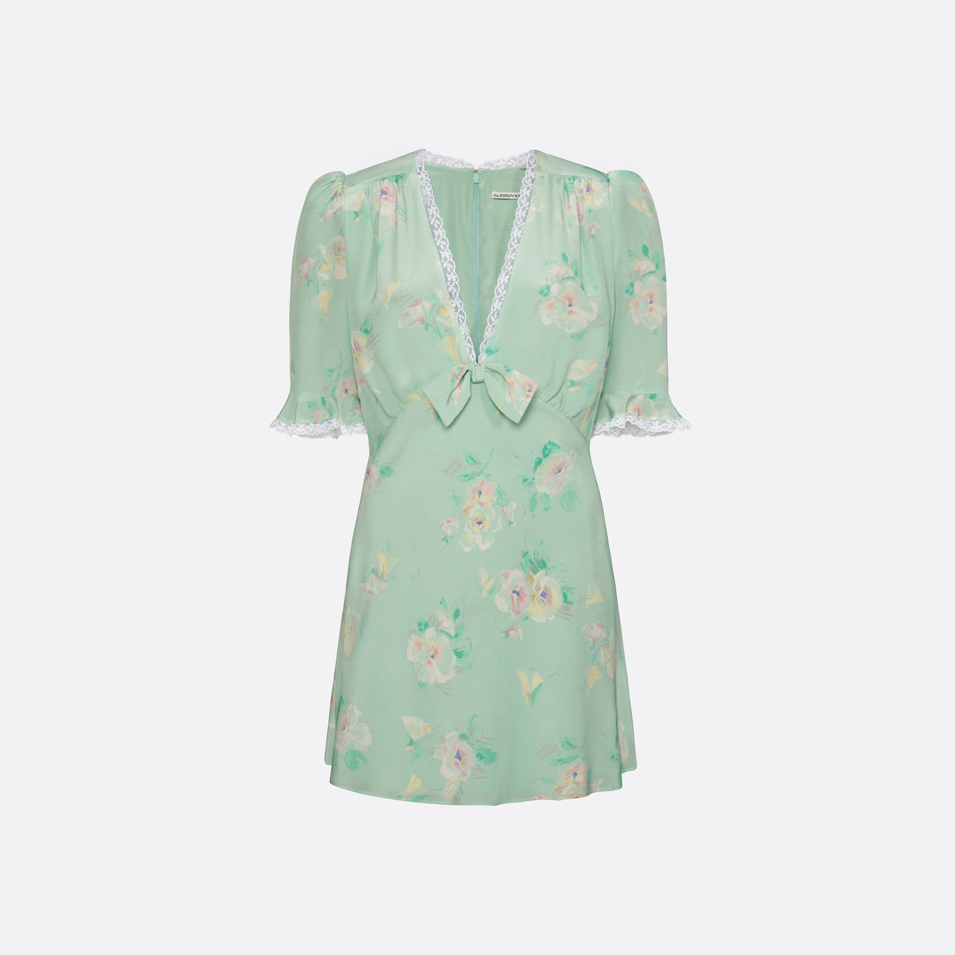Light green floral print silk crêpe de chine mini dress with a V neckline and short sleeves, featuring lace trims and a bow.