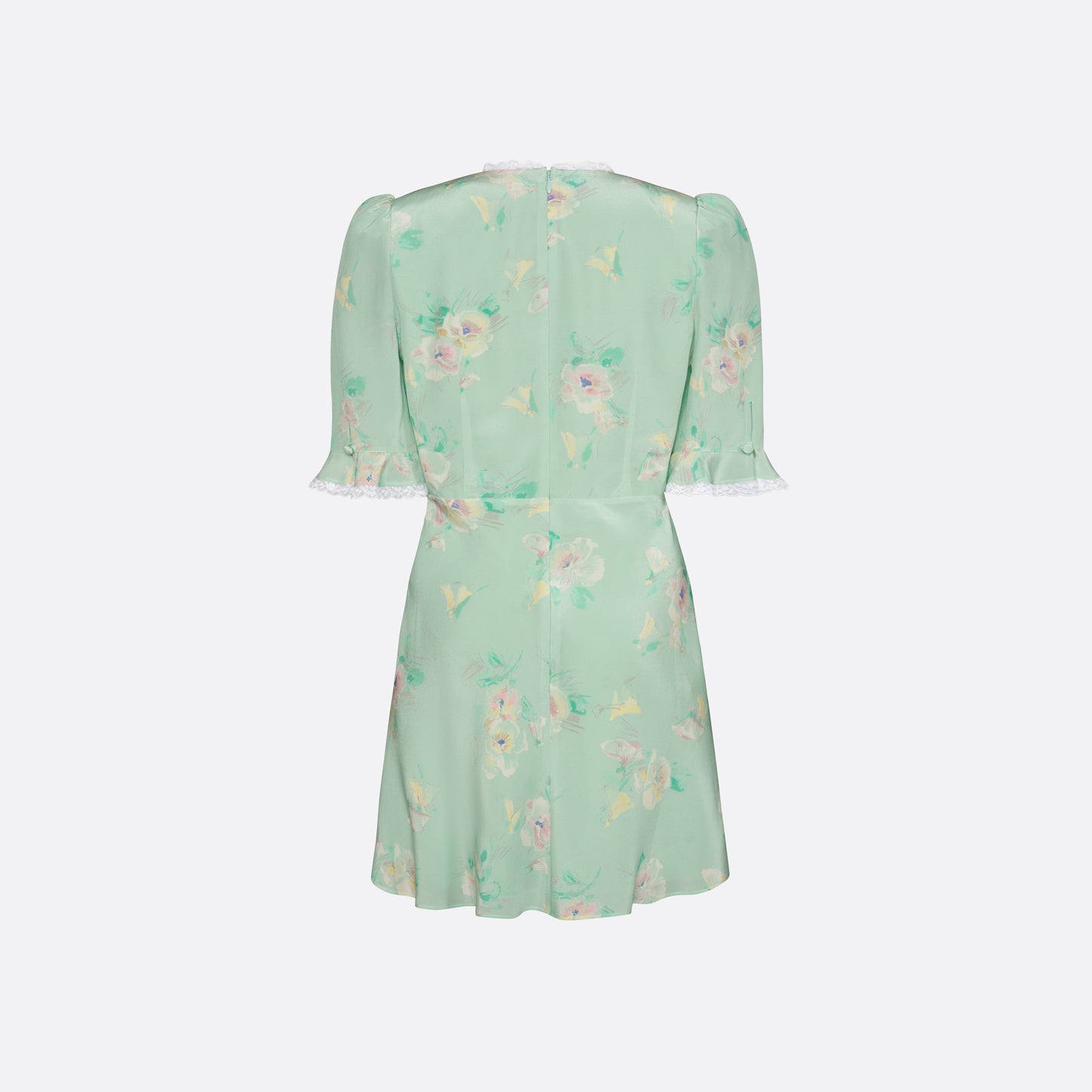 Light green floral print silk crêpe de chine mini dress with a V neckline and short sleeves, featuring lace trims and a bow.