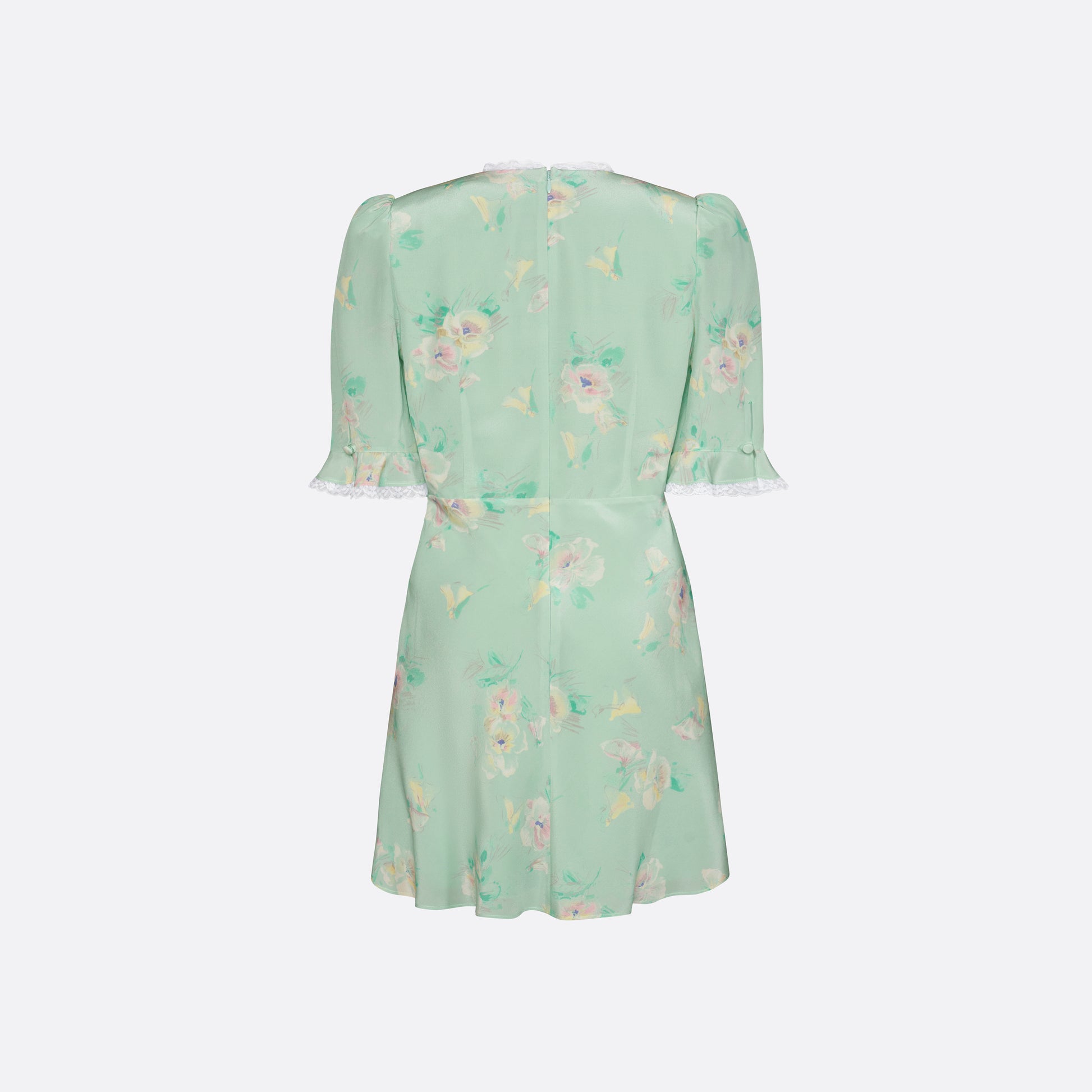 Light green floral print silk crêpe de chine mini dress with a V neckline and short sleeves, featuring lace trims and a bow.