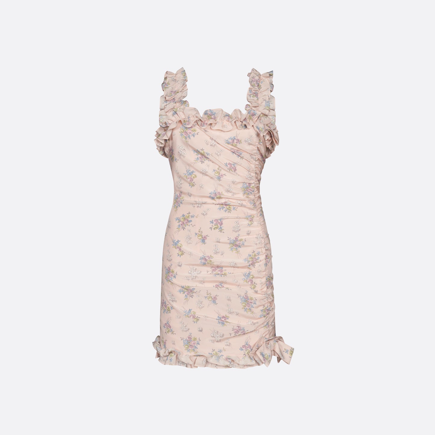 Light rose floral print silk crêpe de chine sleeveless mini dress, featuring ruched detailing and ruffled trims.