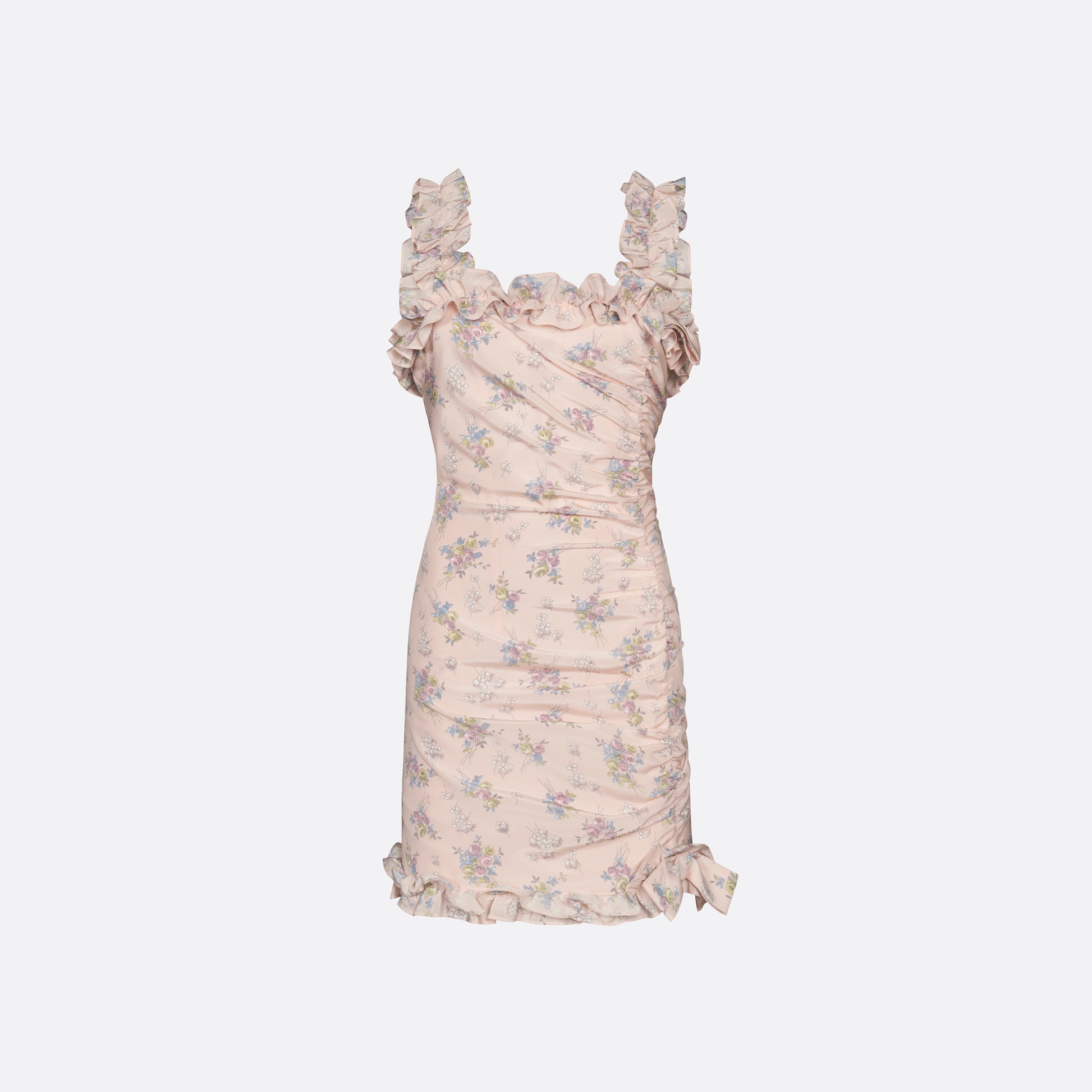 Light rose floral print silk crêpe de chine sleeveless mini dress, featuring ruched detailing and ruffled trims.