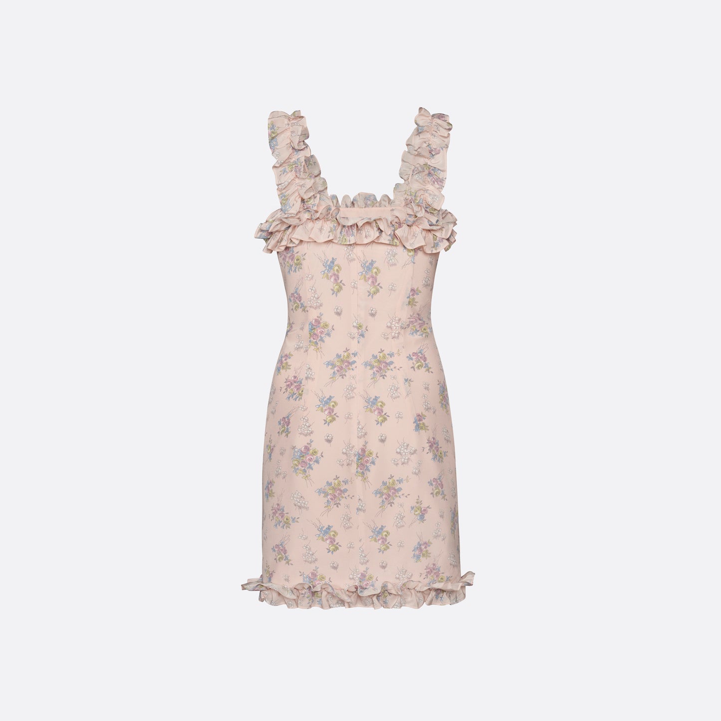 Light rose floral print silk crêpe de chine sleeveless mini dress, featuring ruched detailing and ruffled trims.