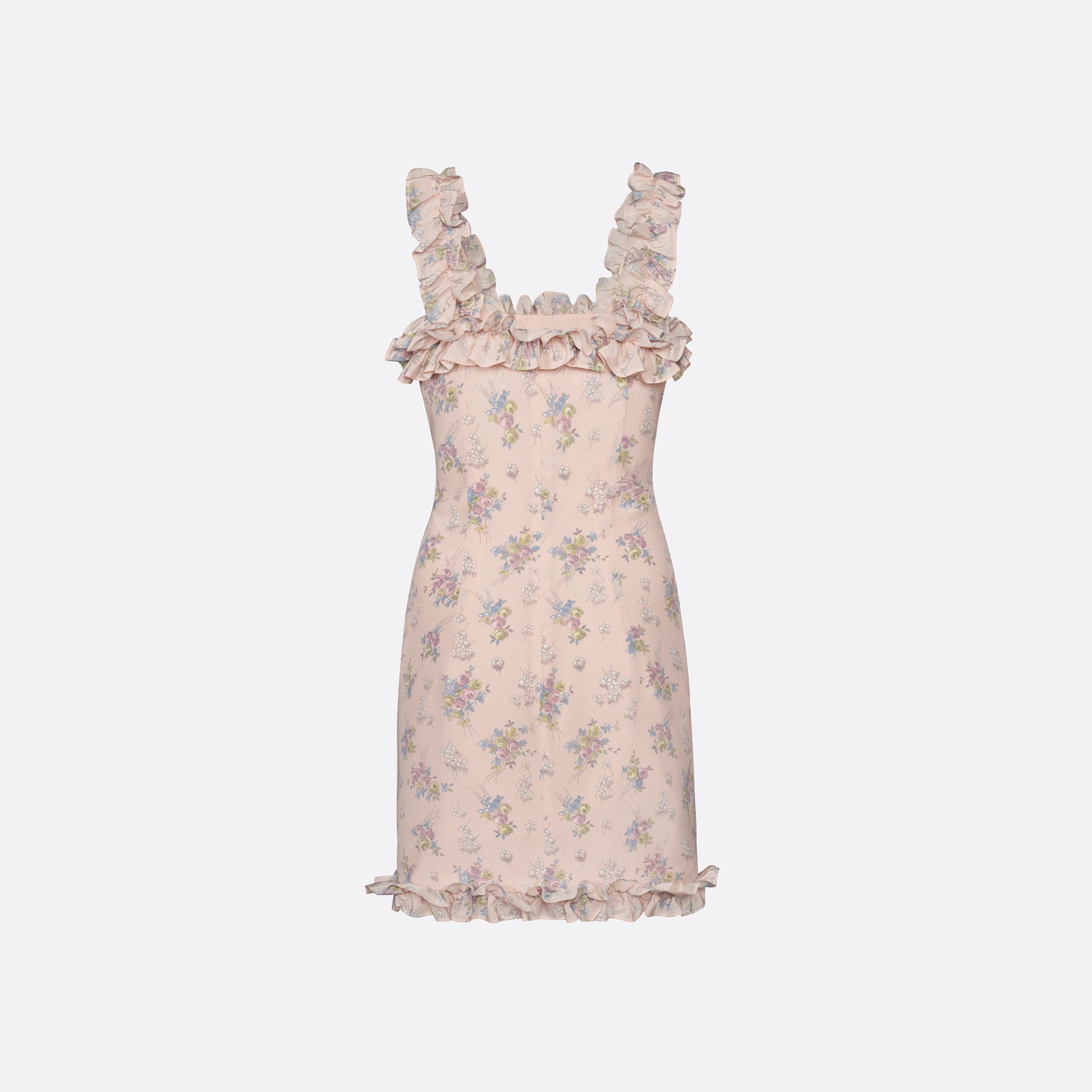 Light rose floral print silk crêpe de chine sleeveless mini dress, featuring ruched detailing and ruffled trims.