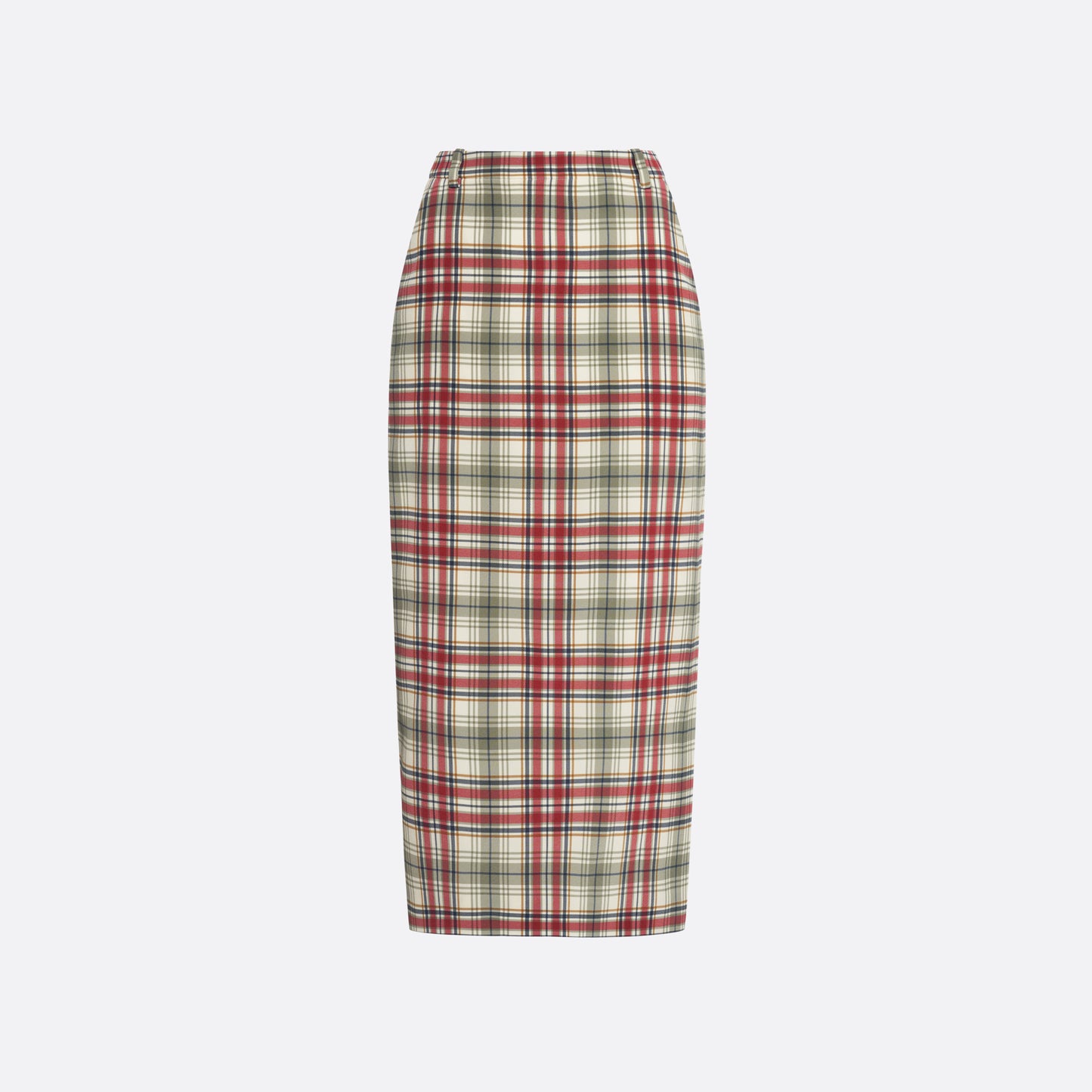 Red and green print tartan silk crêpe de chine pencil skirt with a back split.

Look 32 – Fall Winter 2026 Lookbook.