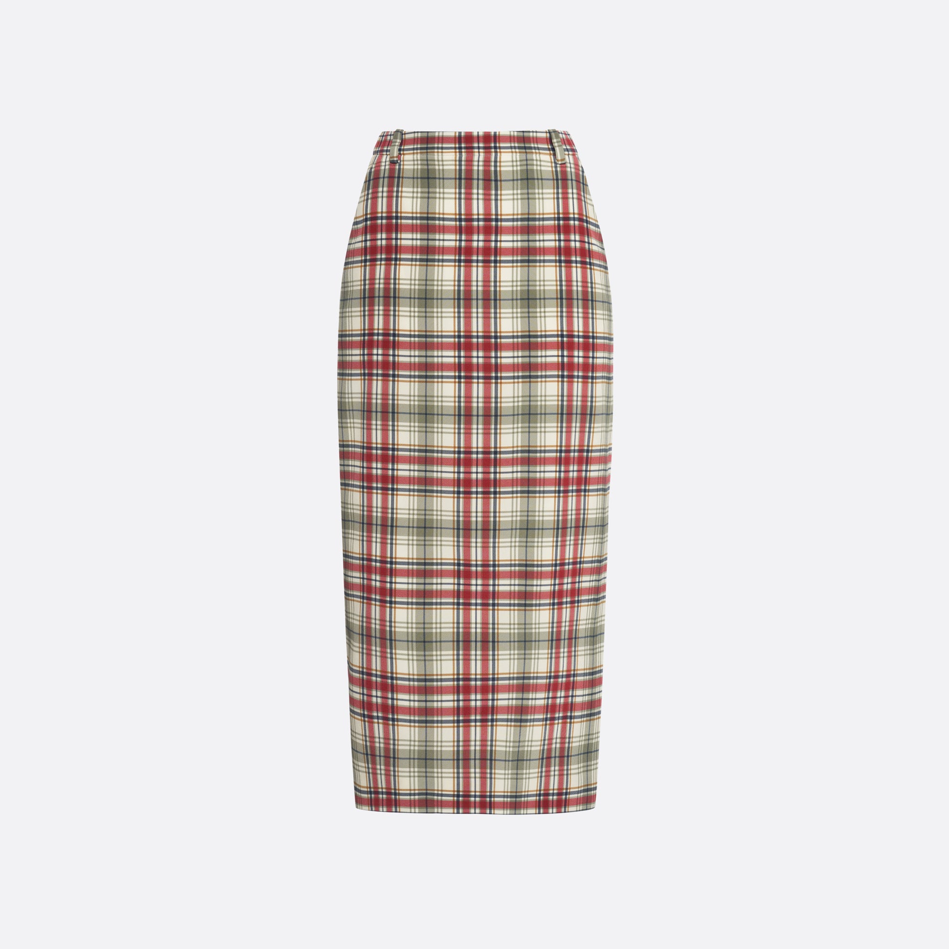 Red and green print tartan silk crêpe de chine pencil skirt with a back split.

Look 32 – Fall Winter 2026 Lookbook.