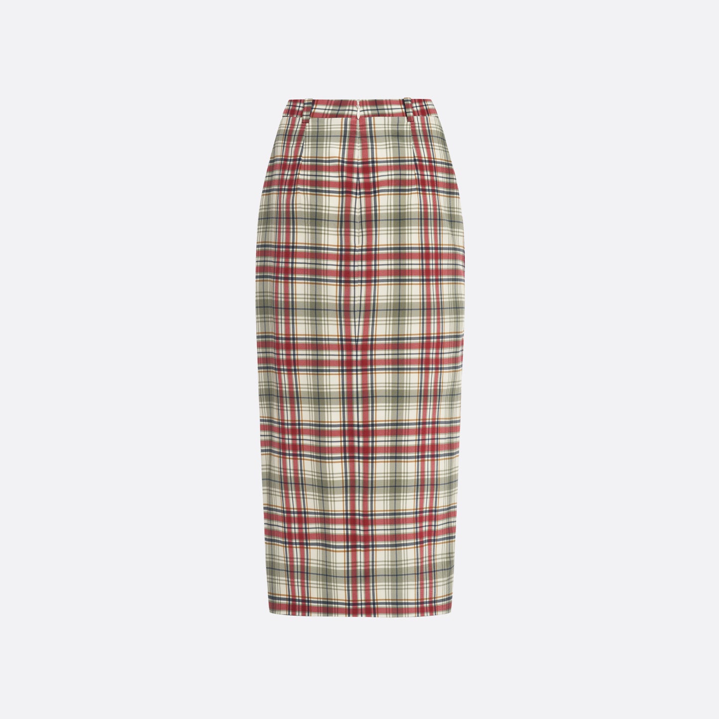 Red and green print tartan silk crêpe de chine pencil skirt with a back split.

Look 32 – Fall Winter 2026 Lookbook.