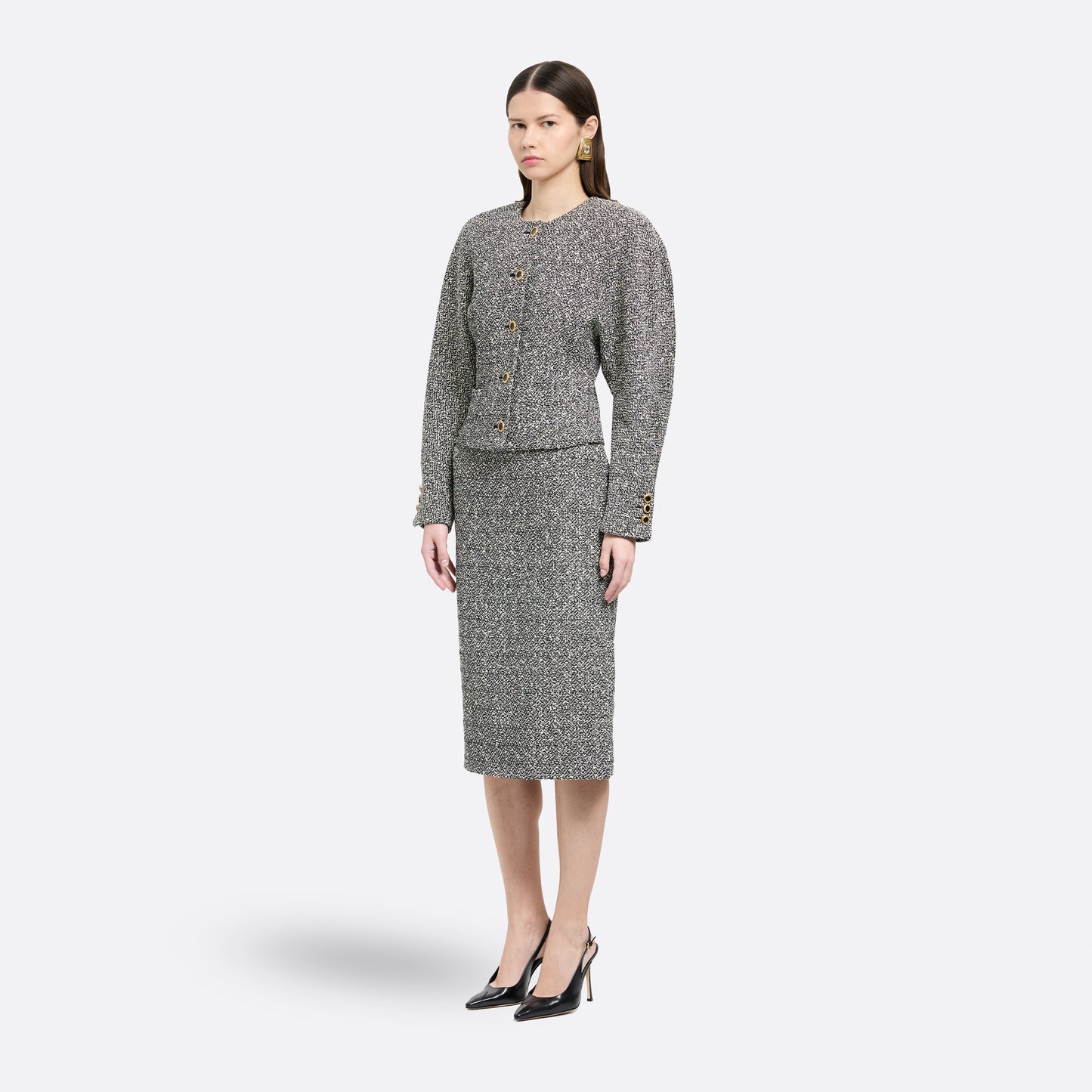 Black and white melange sequin tweed pencil skirt with a back split.