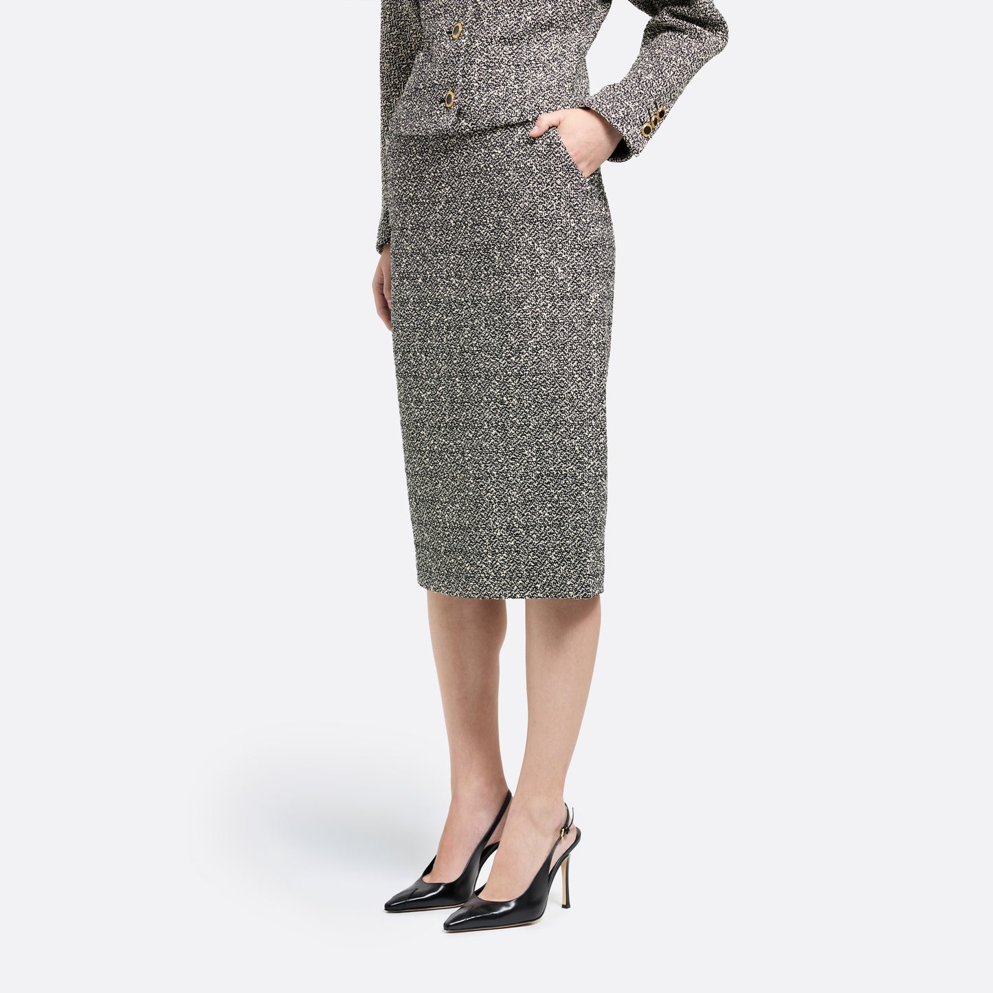 Black and white melange sequin tweed pencil skirt with a back split.
