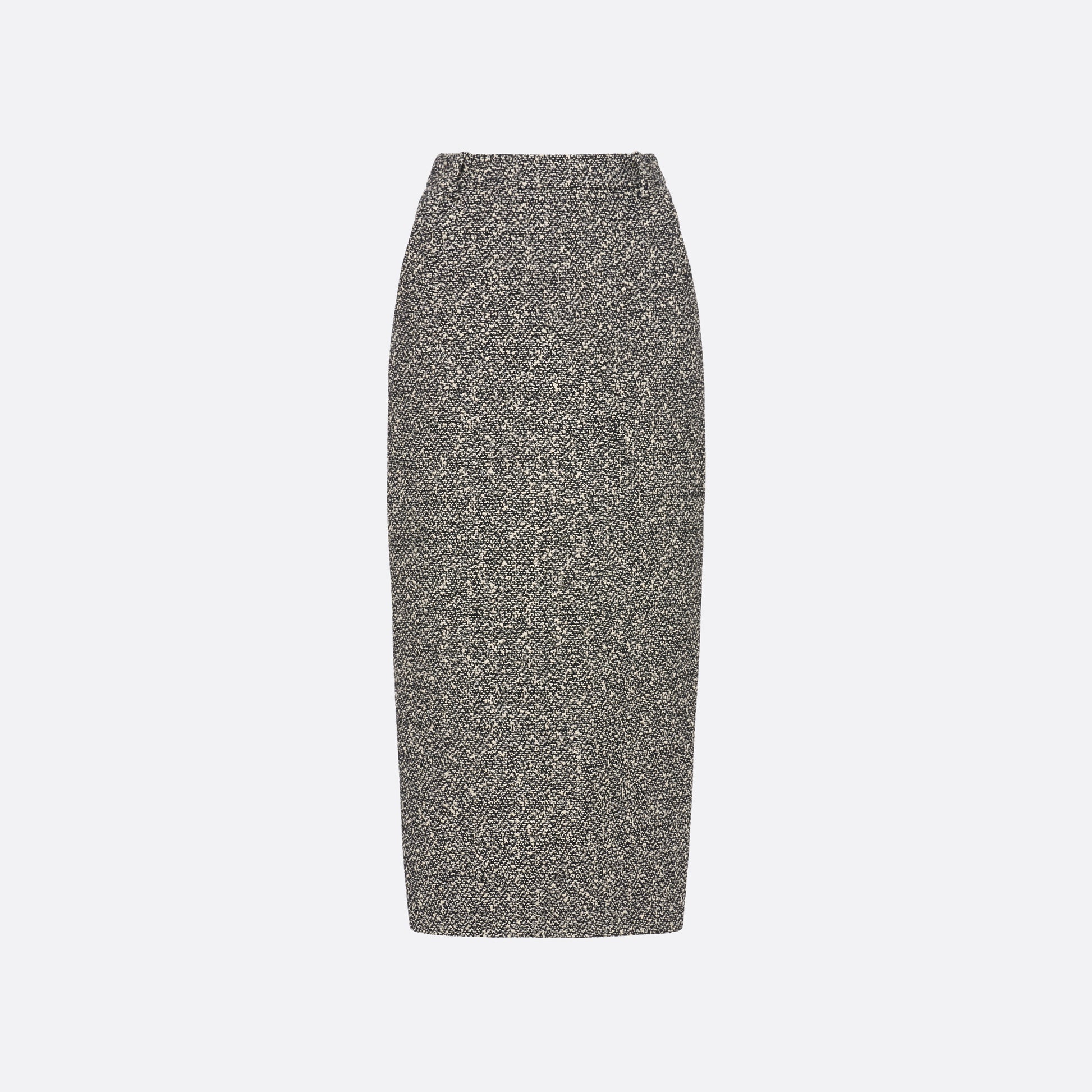 Black and white melange sequin tweed pencil skirt with a back split.