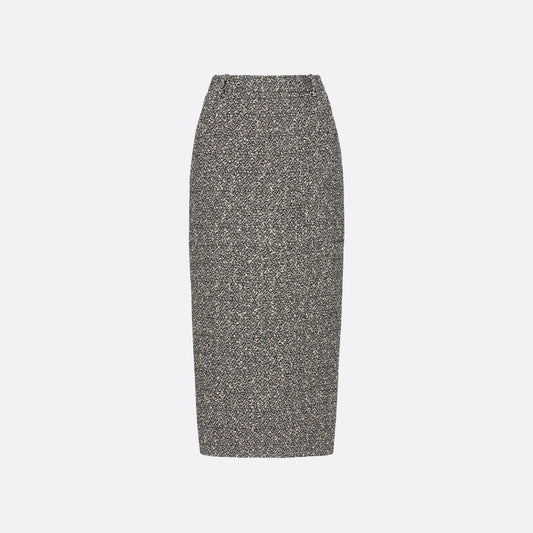 Black and white melange sequin tweed pencil skirt with a back split.