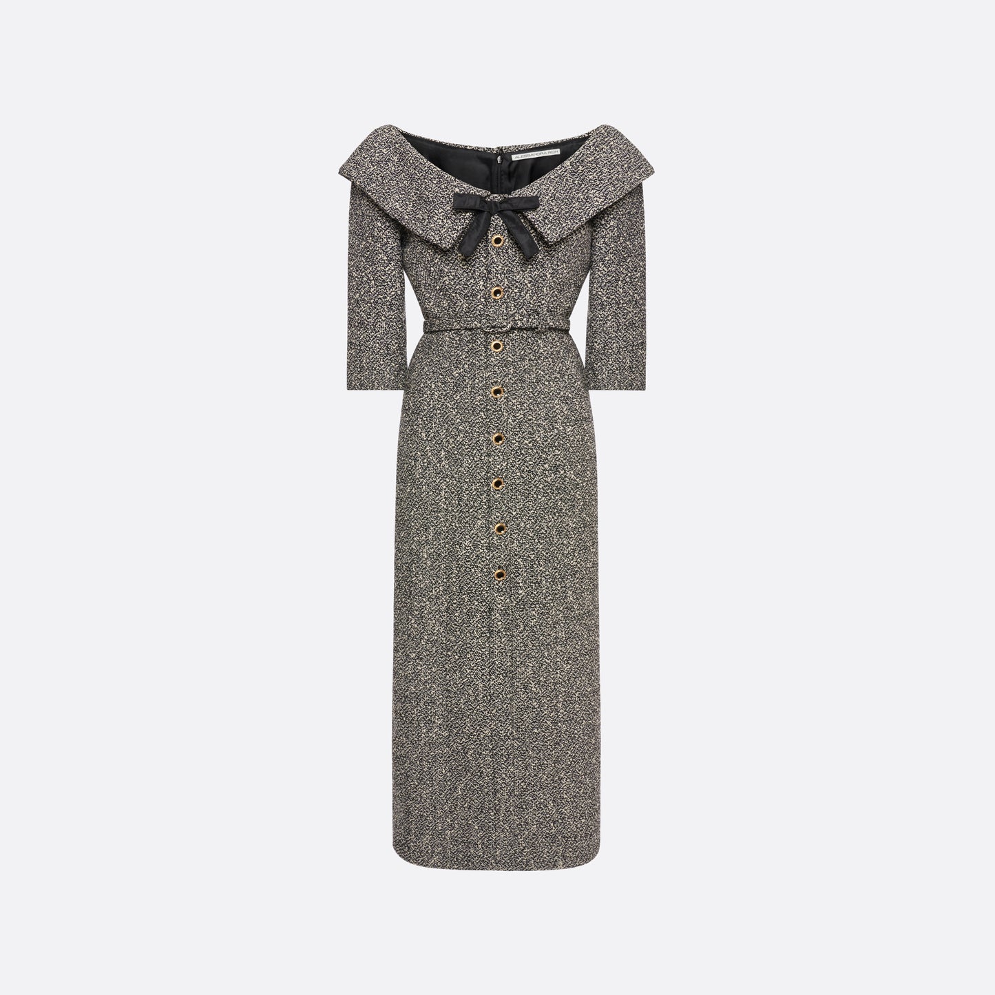 Black and white melange sequins tweed midi dress cut to a fitted silhouette with black and gold-tone buttons and a slim belt.

Look 12 – Fall Winter 2026 Lookbook.