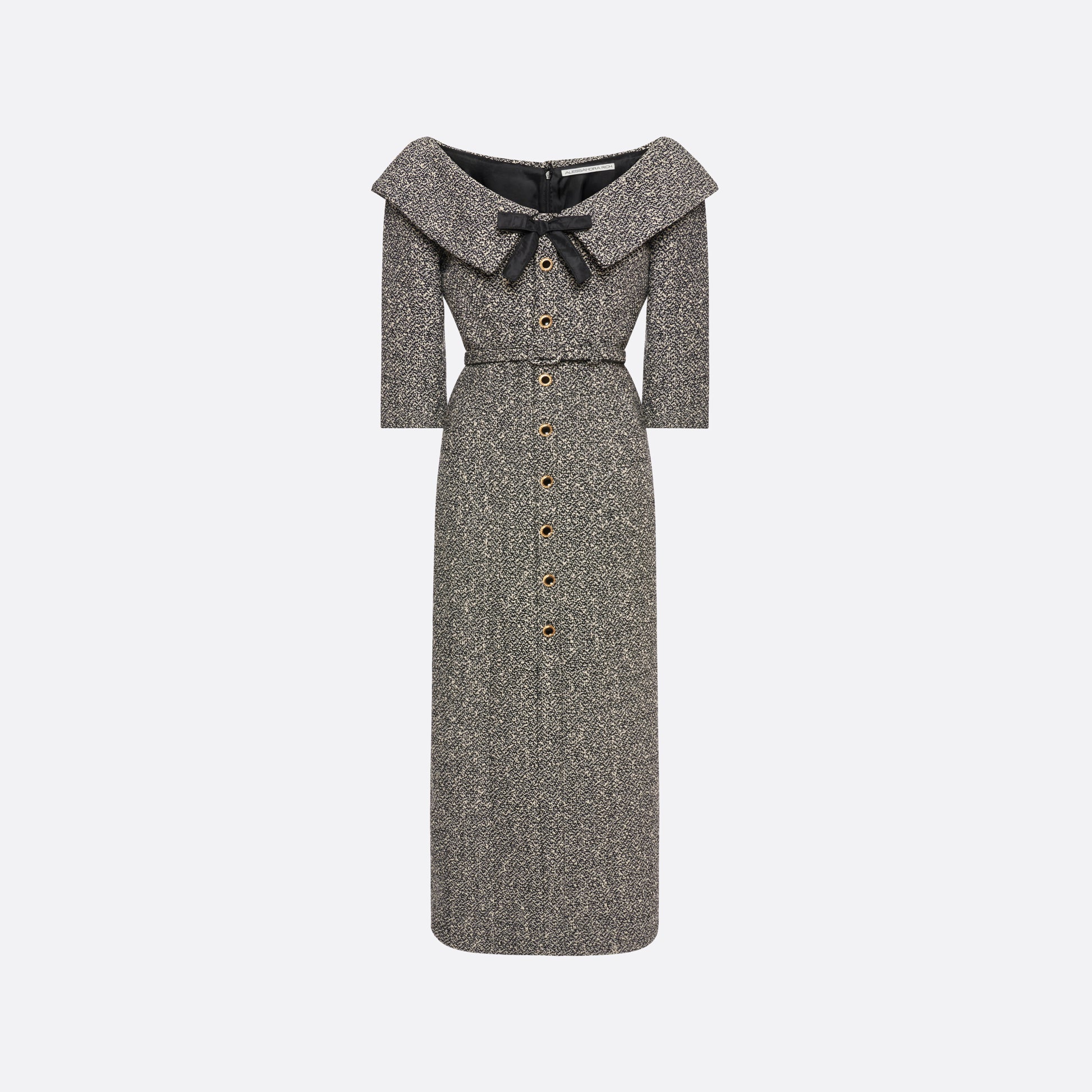Black and white melange sequins tweed midi dress cut to a fitted silhouette with black and gold-tone buttons and a slim belt.

Look 12 – Fall Winter 2026 Lookbook.