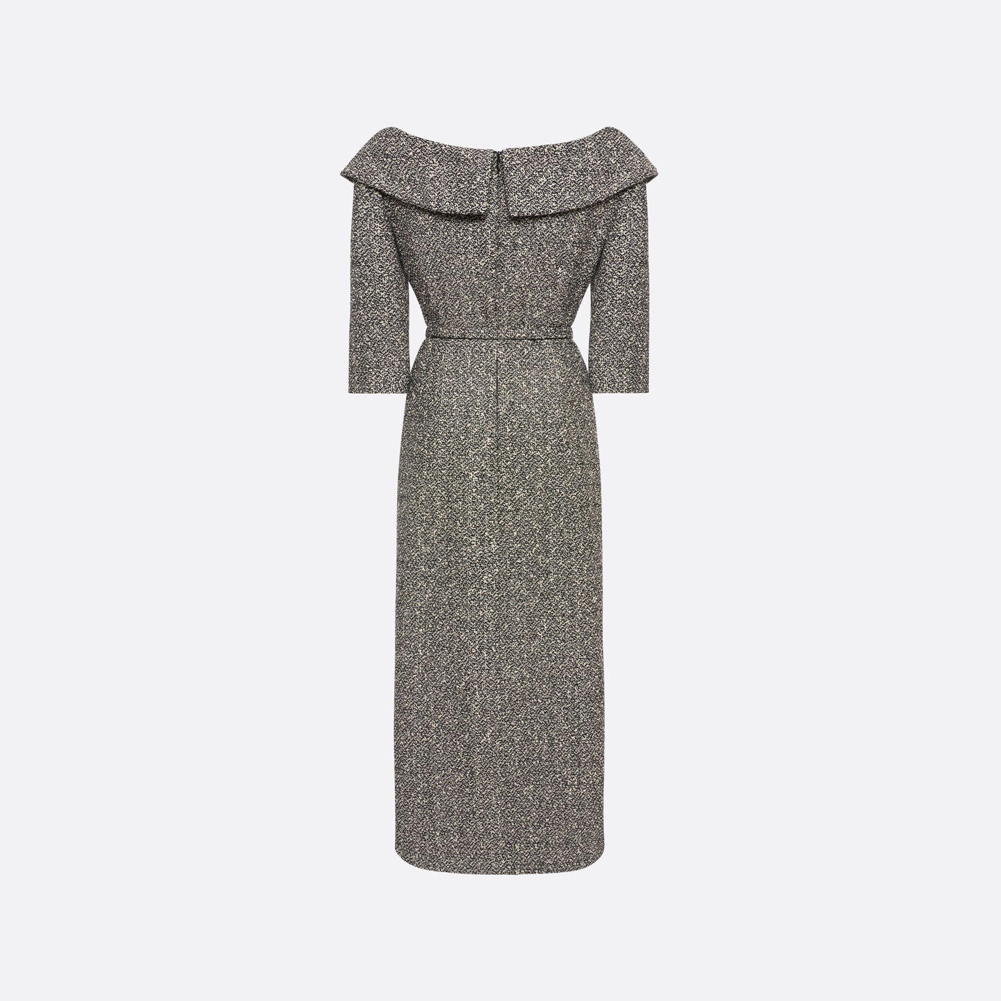 Black and white melange sequins tweed midi dress cut to a fitted silhouette with black and gold-tone buttons and a slim belt.

Look 12 – Fall Winter 2026 Lookbook.