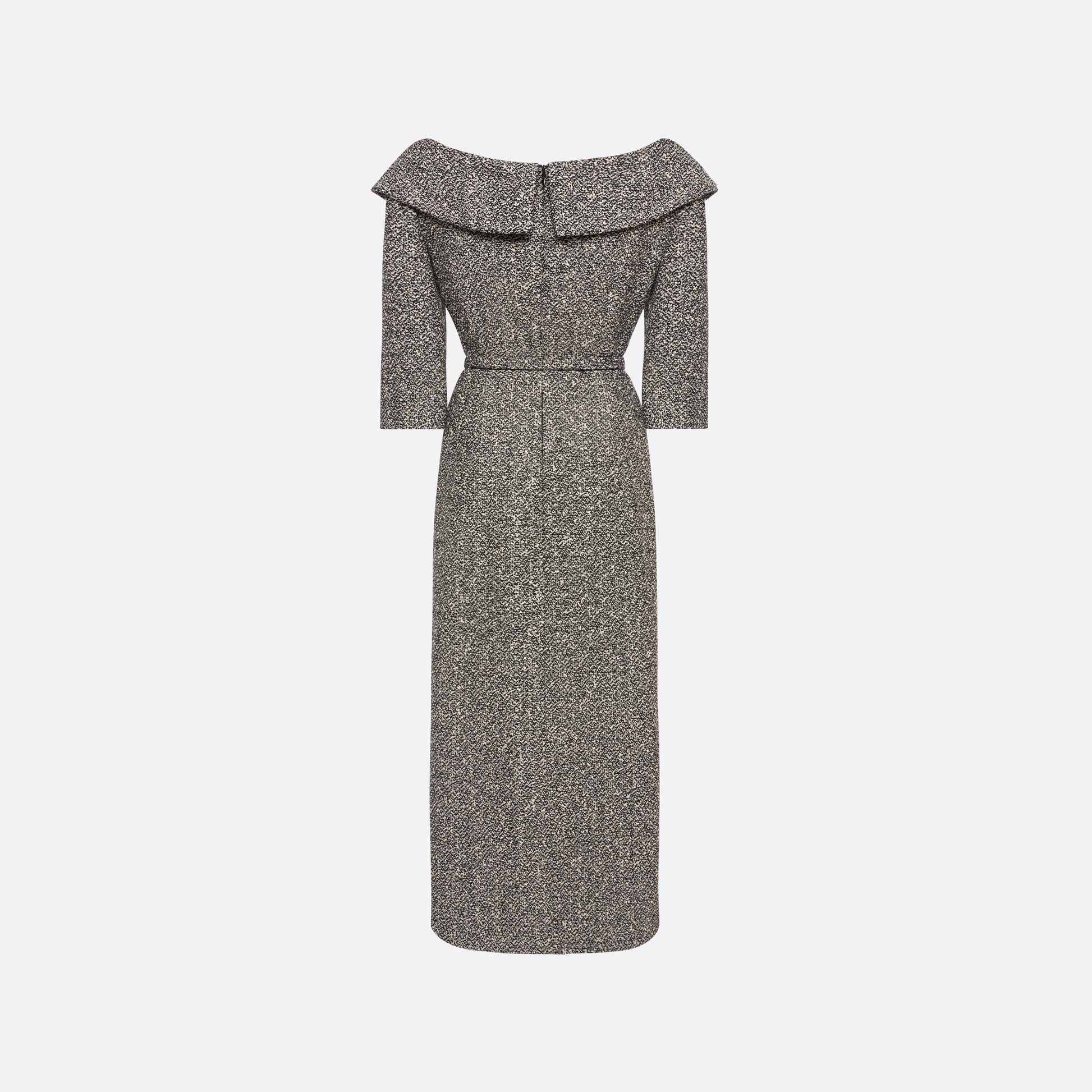 Black and white melange sequins tweed midi dress cut to a fitted silhouette with black and gold-tone buttons and a slim belt.

Look 12 – Fall Winter 2026 Lookbook.